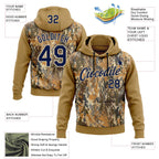Custom Stitched Old Gold Navy-Cream 3D Pattern Design Tree Camo Hunting Sports Pullover Sweatshirt Hoodie