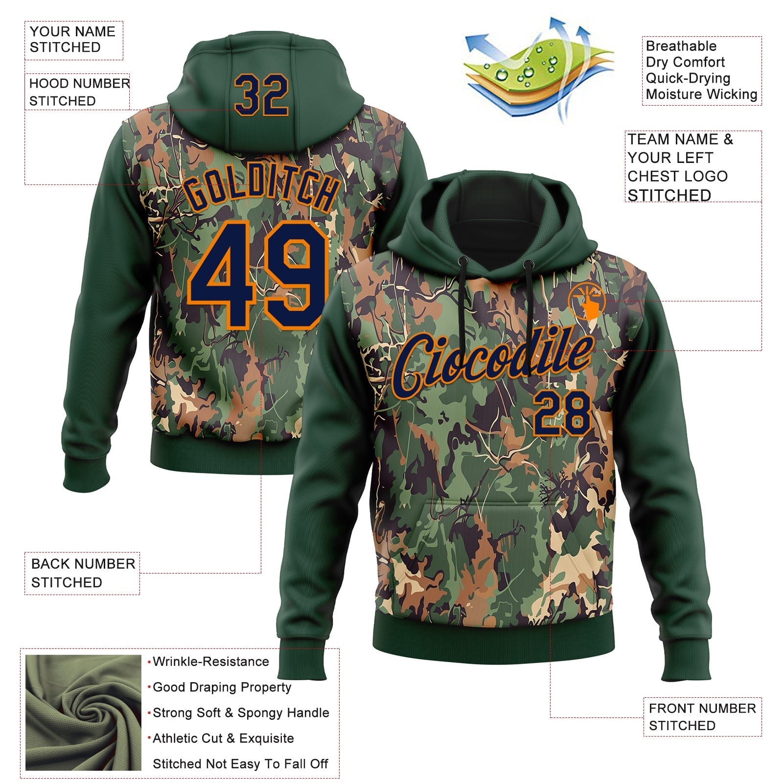 Custom Stitched Green Navy-Bay Orange 3D Pattern Design Tree Camo Hunting Sports Pullover Sweatshirt Hoodie