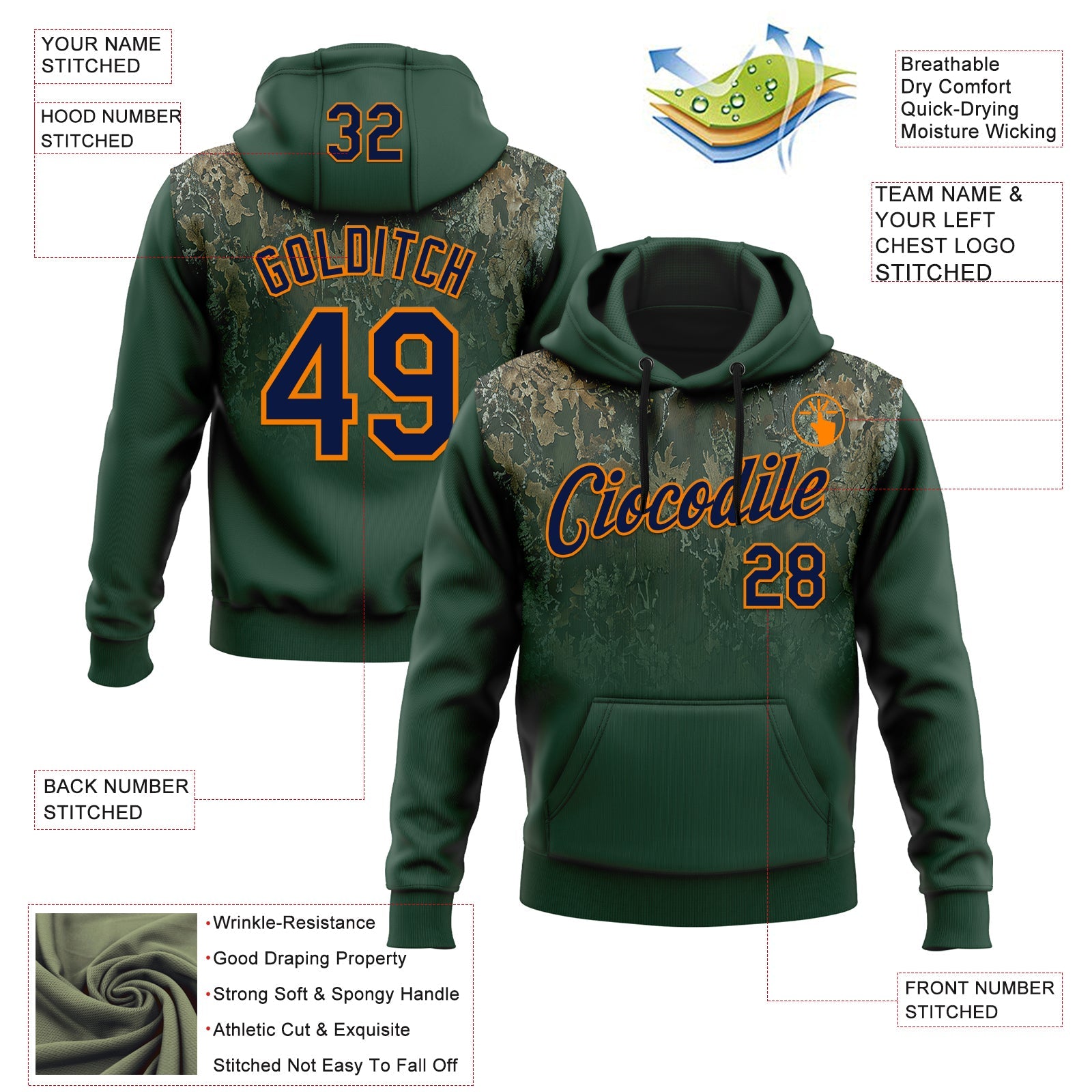 Custom Stitched Green Navy-Bay Orange 3D Pattern Design Tree Camo Gradient Hunting Sports Pullover Sweatshirt Hoodie
