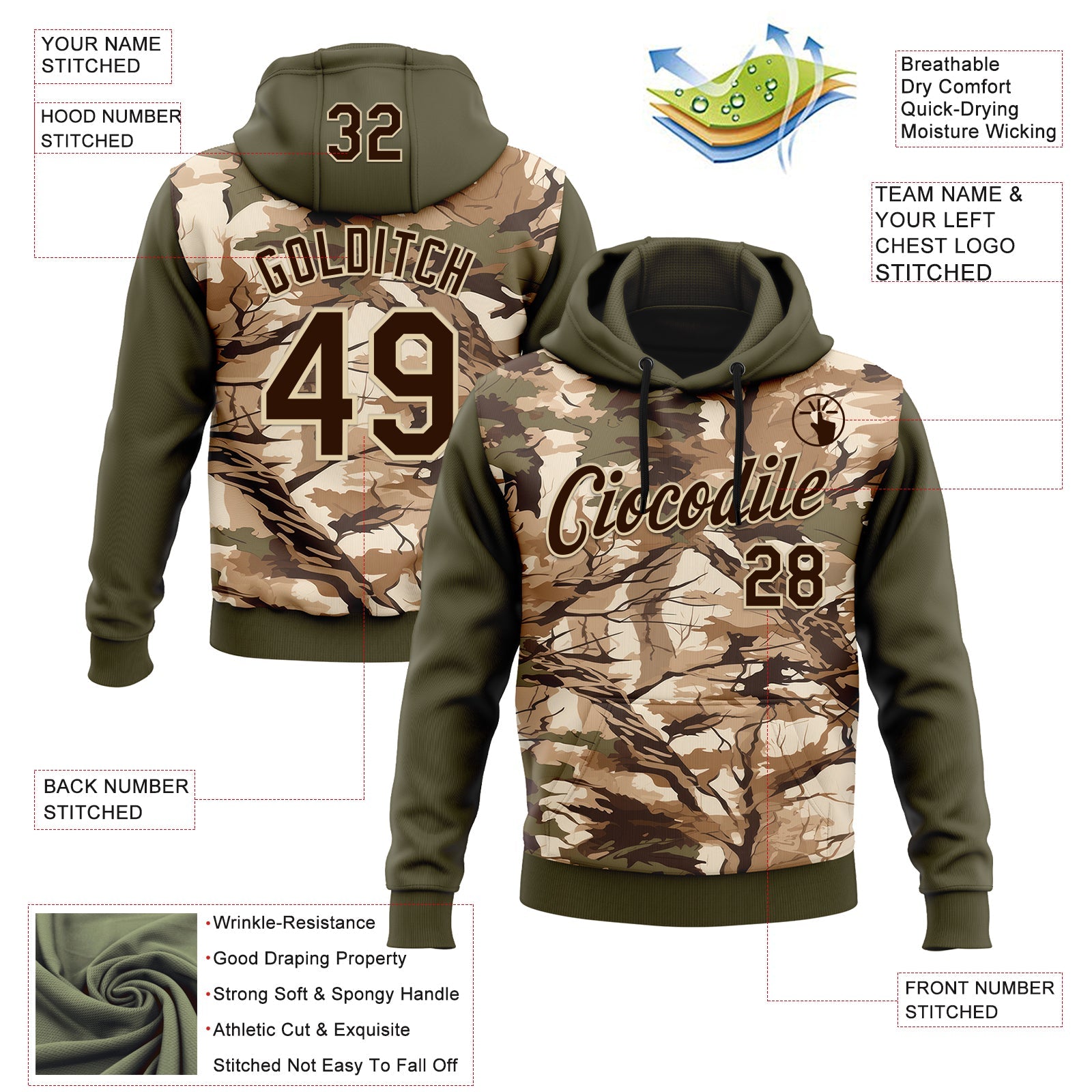 Custom Stitched Olive Brown-Cream 3D Pattern Design Tree Camo Hunting Sports Pullover Sweatshirt Salute To Service Hoodie