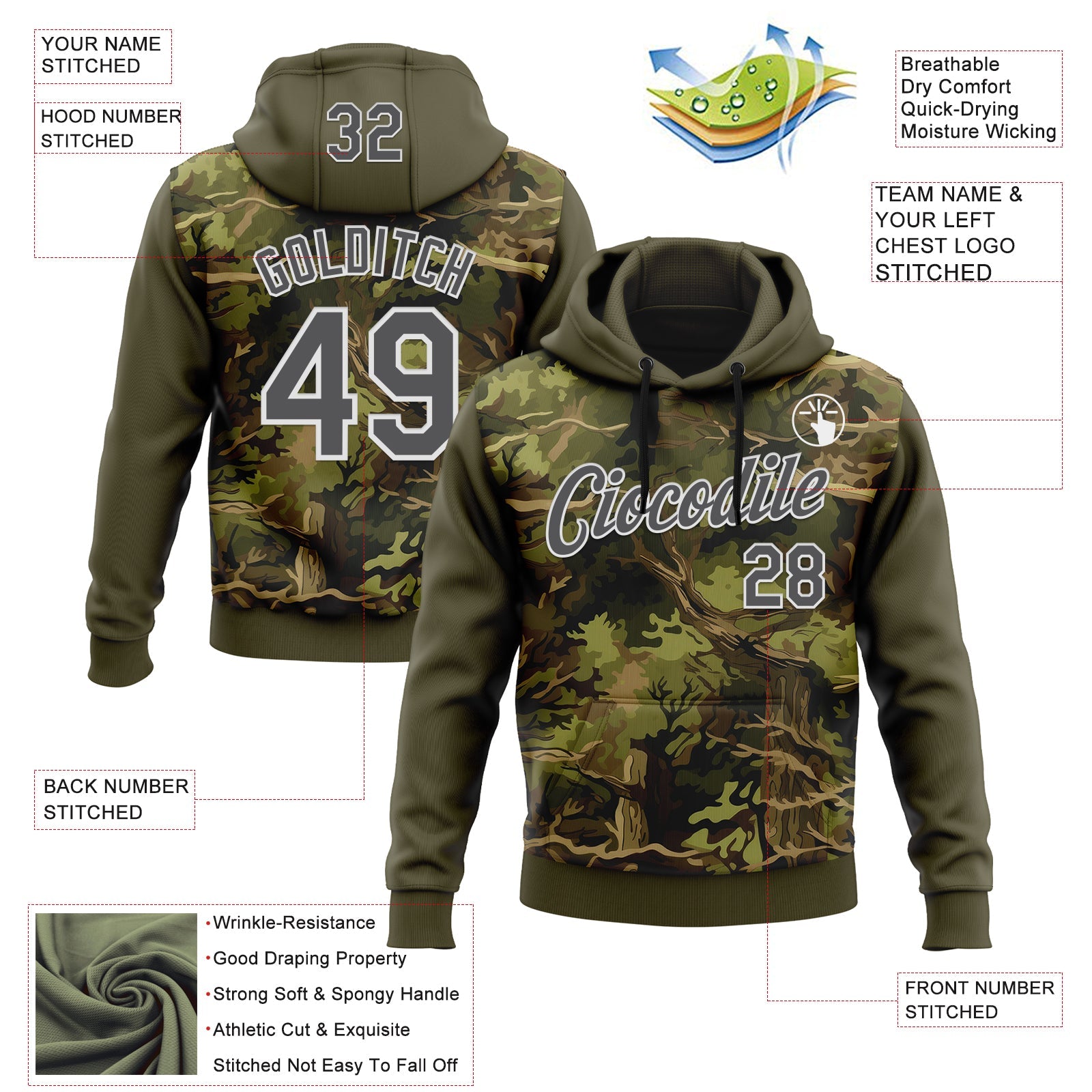 Custom Stitched Olive Steel Gray-White 3D Pattern Design Tree Camo Hunting Sports Pullover Sweatshirt Salute To Service Hoodie