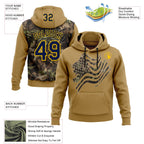 Custom Stitched Old Gold Navy-Yellow 3D Pattern Design Tree Camo American Flag Hunting Sports Pullover Sweatshirt Hoodie