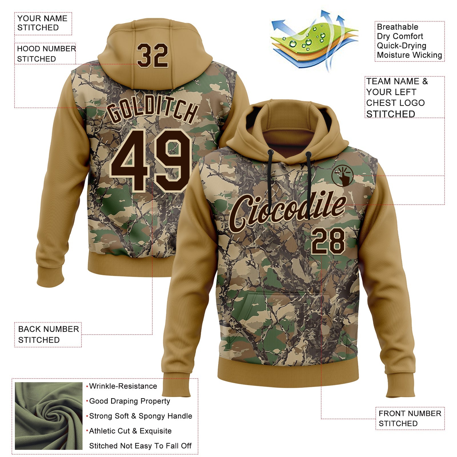 Custom Stitched Old Gold Brown-Cream 3D Pattern Design Tree Camo Hunting Sports Pullover Sweatshirt Hoodie