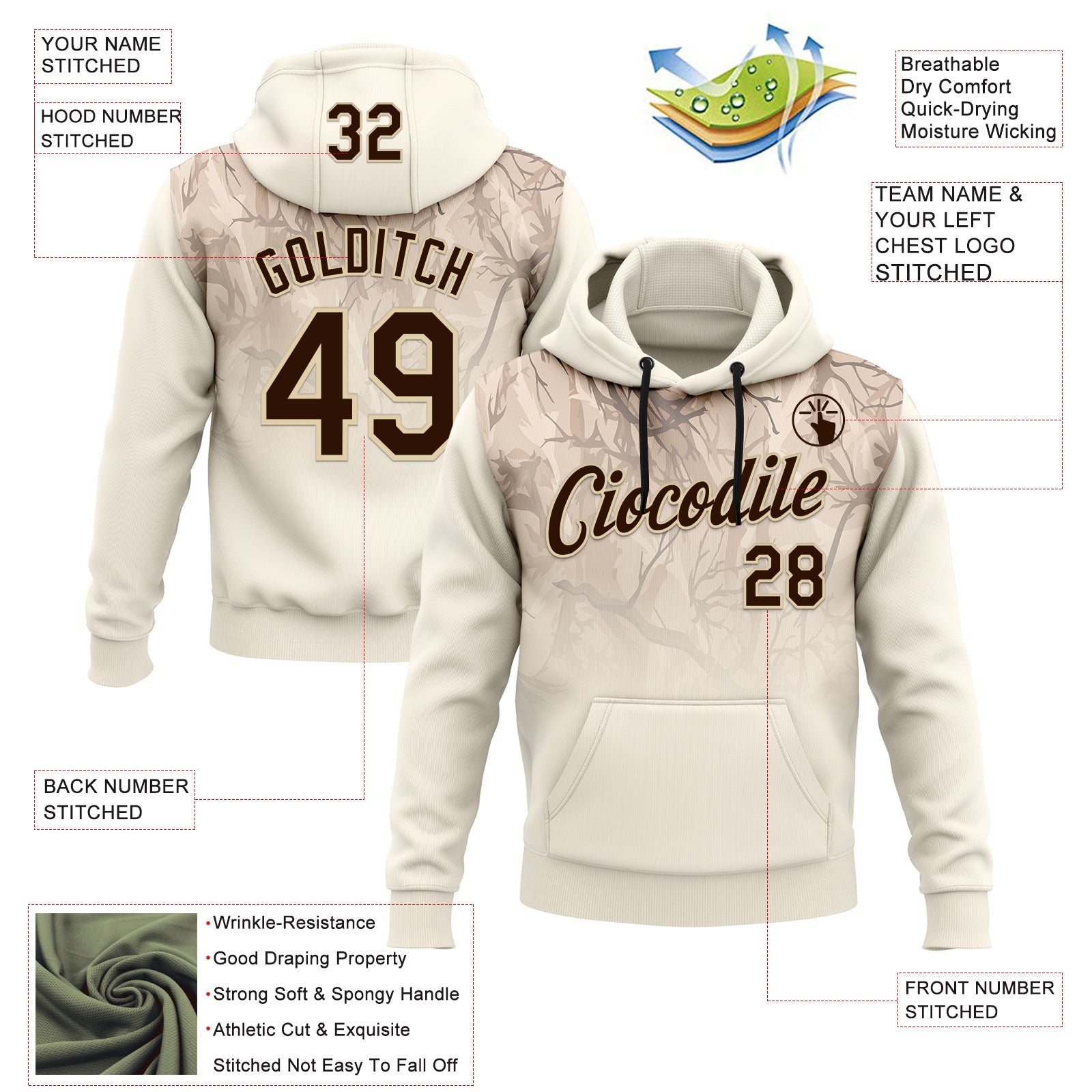 Custom Stitched Cream Brown-Cream 3D Pattern Design Tree Camo Gradient Hunting Sports Pullover Sweatshirt Hoodie