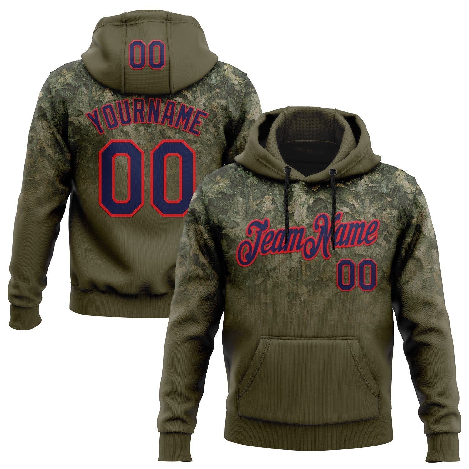 Custom Stitched Olive Navy-Fire Red 3D Pattern Design Tree Camo Gradient Hunting Sports Pullover Sweatshirt Salute To Service Hoodie