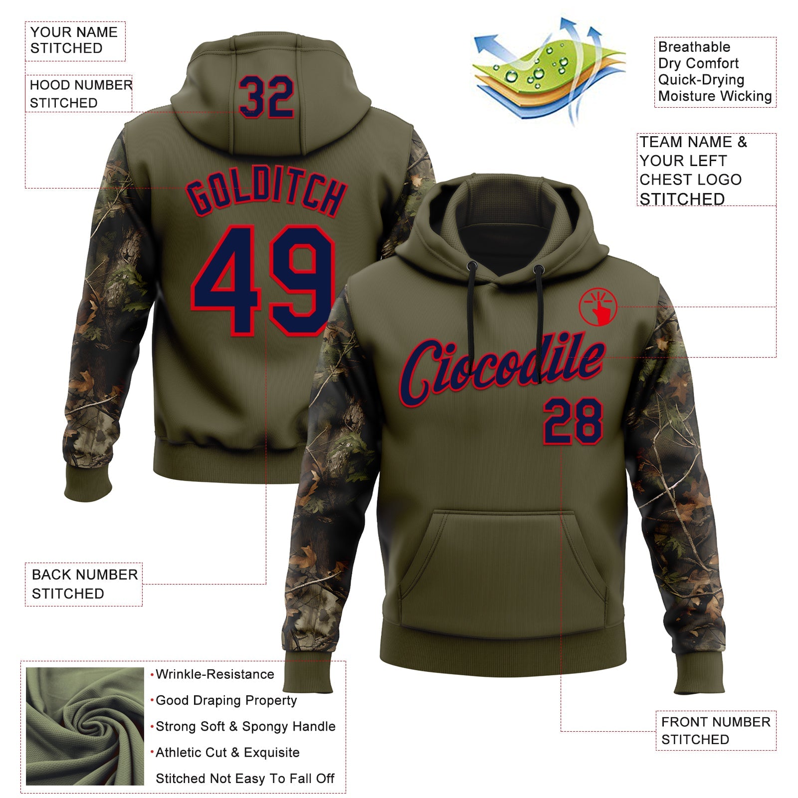 Custom Stitched Olive Navy-Fire Red 3D Pattern Design Tree Camo Hunting Sports Pullover Sweatshirt Salute To Service Hoodie