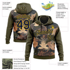 Custom Stitched Olive Navy-Yellow 3D Pattern Design Tree Camo Hunting Sports Pullover Sweatshirt Salute To Service Hoodie