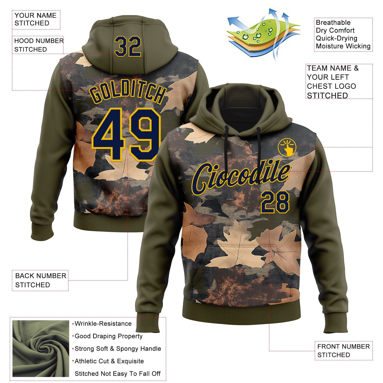 Custom Stitched Olive Navy-Yellow 3D Pattern Design Tree Camo Hunting Sports Pullover Sweatshirt Salute To Service Hoodie
