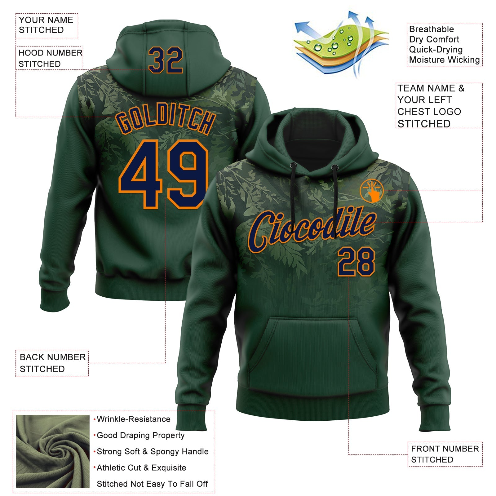 Custom Stitched Green Navy-Bay Orange 3D Pattern Design Tree Camo Gradient Hunting Sports Pullover Sweatshirt Hoodie