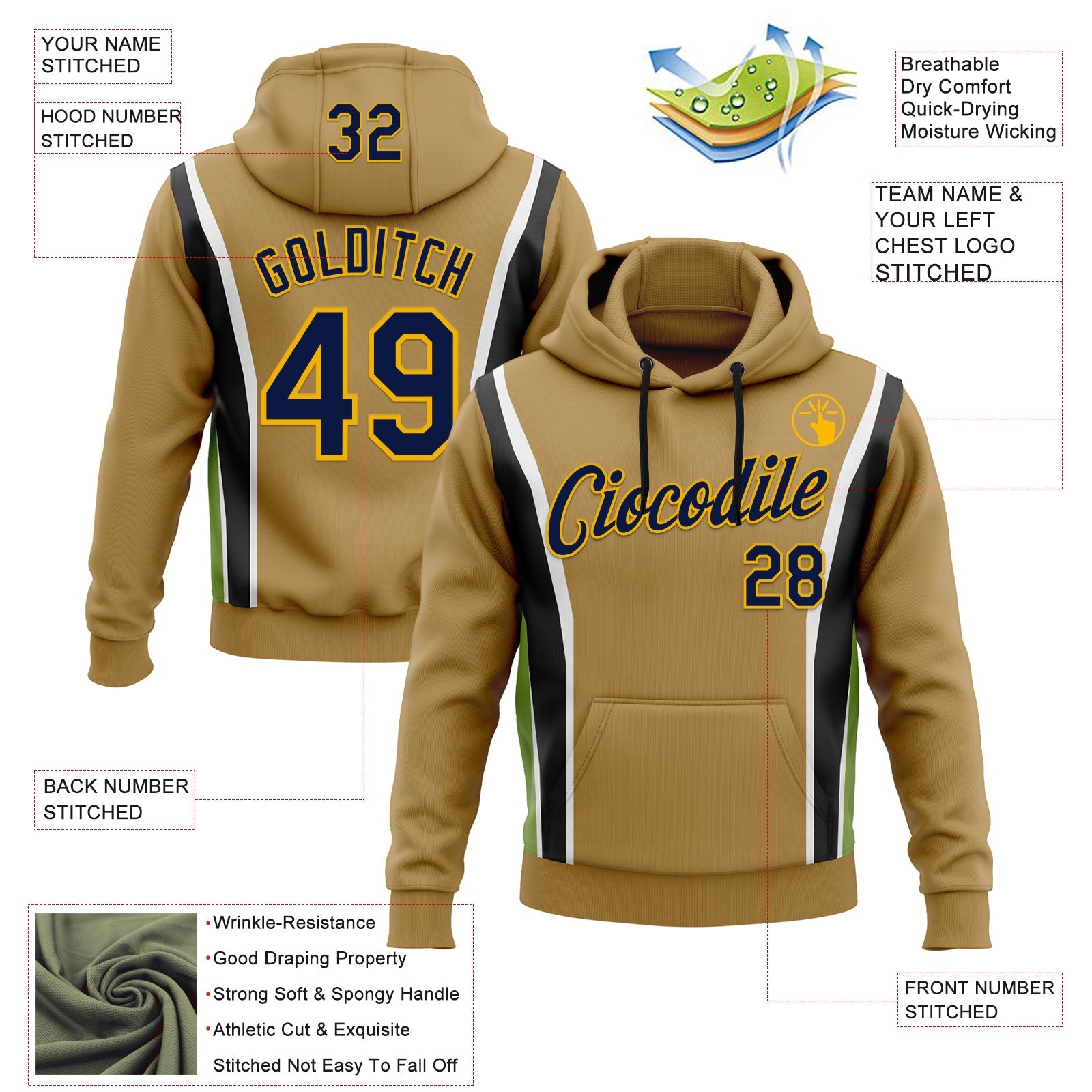 Custom Stitched Old Gold Navy Black Green Gold-White 3D Pattern Design Sportswear Pullover Sweatshirt Hoodie
