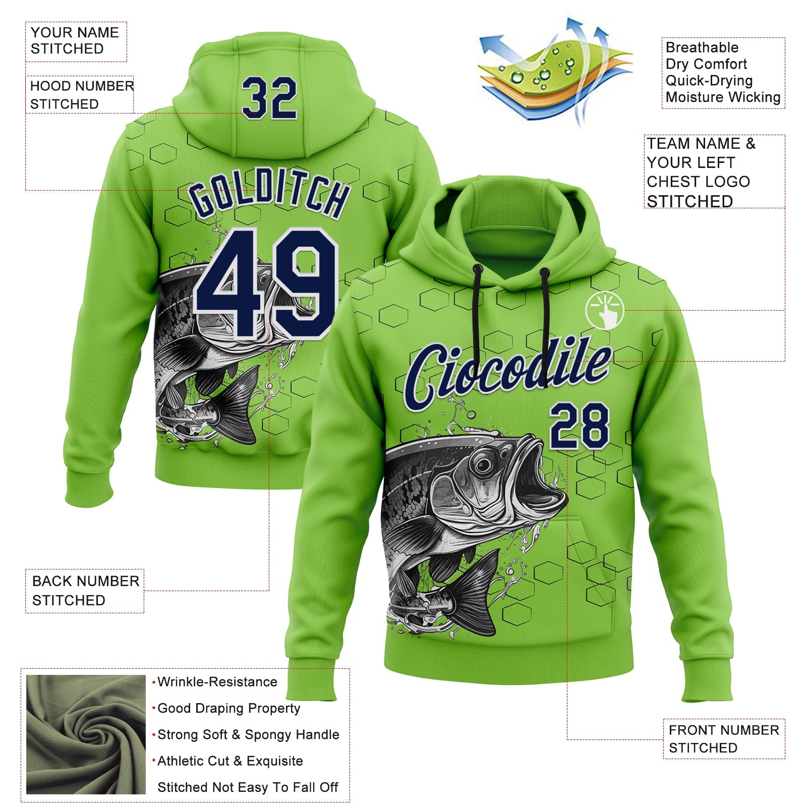 Custom Stitched Neon Green Navy Black-White 3D Pattern Design Sportswear Fishing Pullover Sweatshirt Hoodie