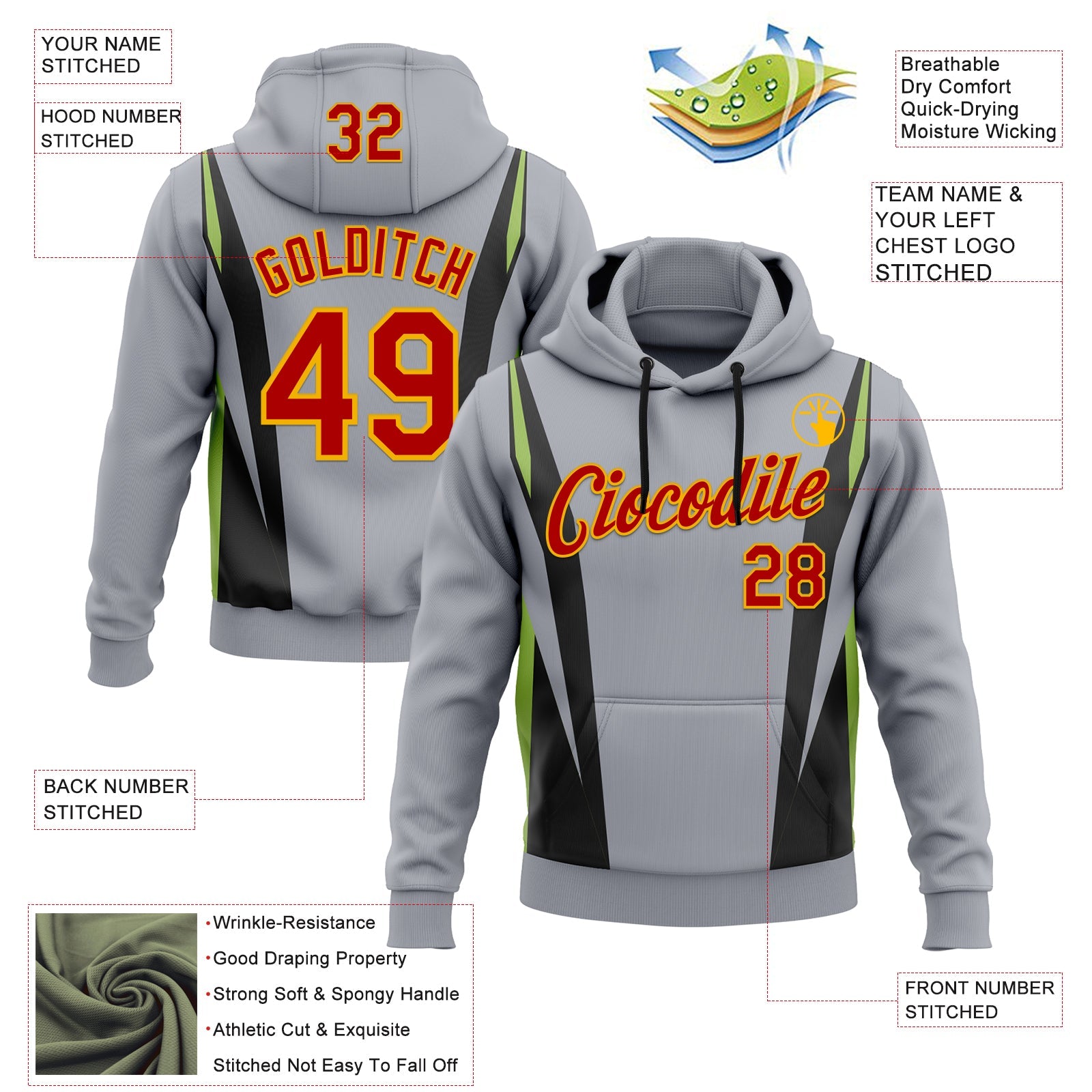 Custom Stitched Gray Red Black Green-Gold 3D Pattern Design Sportswear Pullover Sweatshirt Hoodie