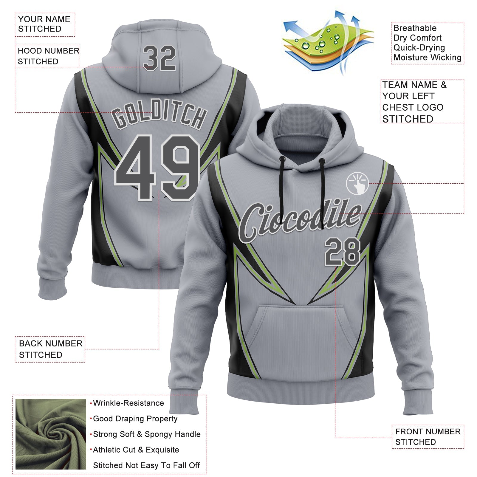 Custom Stitched Gray Steel Gray Black Green-White 3D Pattern Design Sportswear Pullover Sweatshirt Hoodie