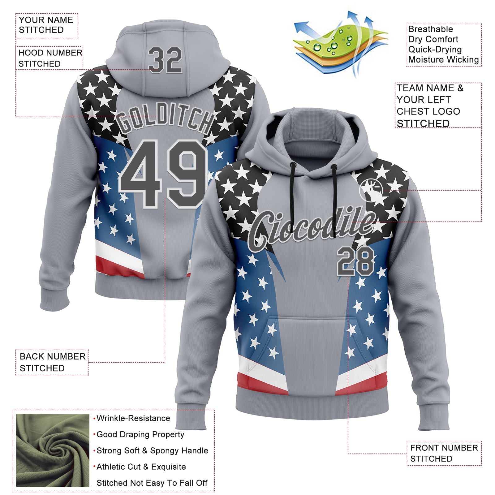 Custom Stitched Gray Steel Gray Black Blue Red-White 3D Pattern Design American Flag Inspire Patriotic Sportswear Pullover Sweatshirt Hoodie