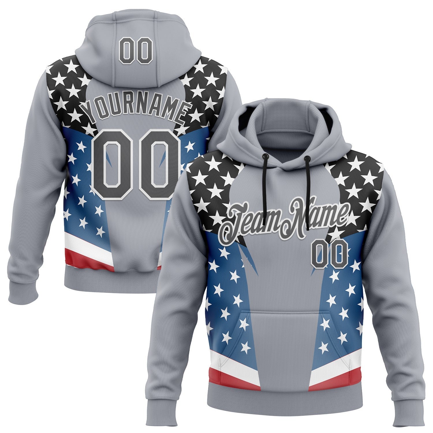 Custom Stitched Gray Steel Gray Black Blue Red-White 3D Pattern Design American Flag Inspire Patriotic Sportswear Pullover Sweatshirt Hoodie