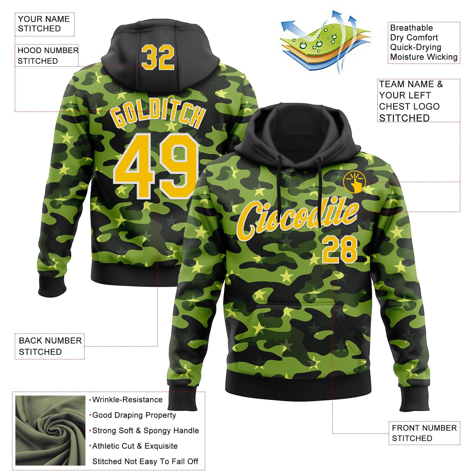 Custom Stitched Black Yellow-White 3D Pattern Design Camo Military Sportswear Pullover Sweatshirt Hoodie