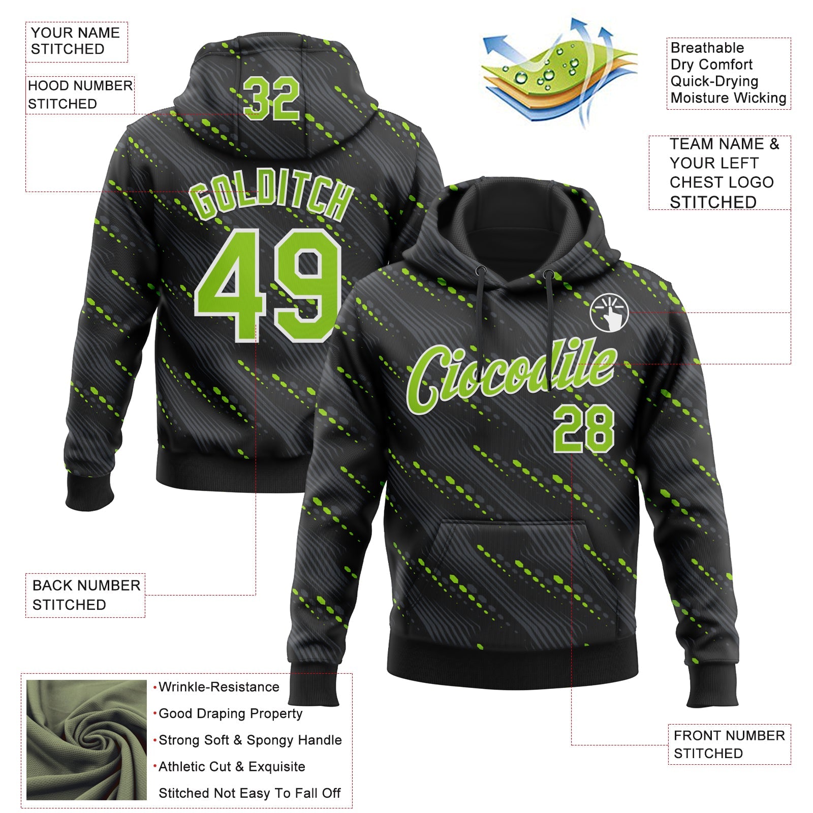 Custom Stitched Black Neon Green-White 3D Pattern Design Slant Lines Sports Pullover Sweatshirt Hoodie