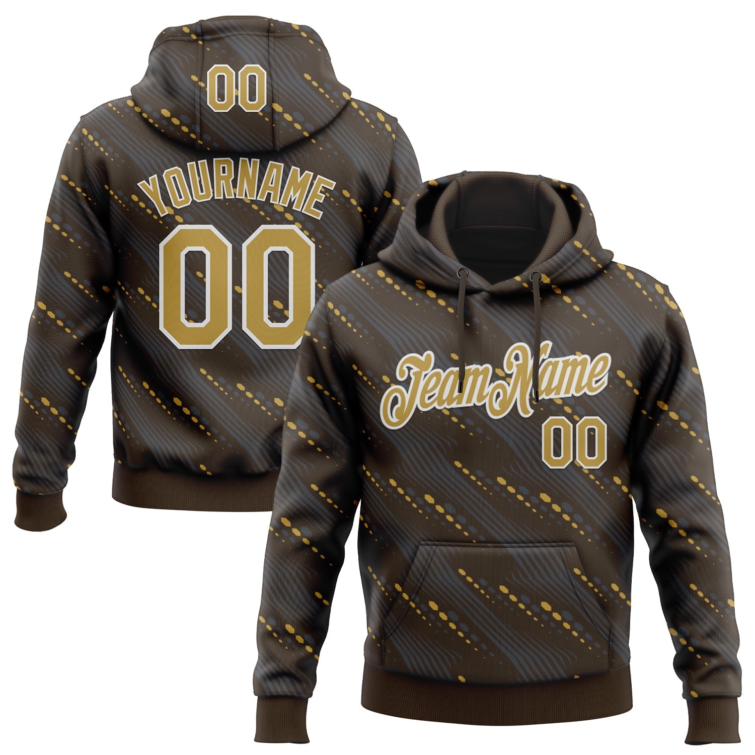 Custom Stitched Brown Old Gold-White 3D Pattern Design Slant Lines Sports Pullover Sweatshirt Hoodie