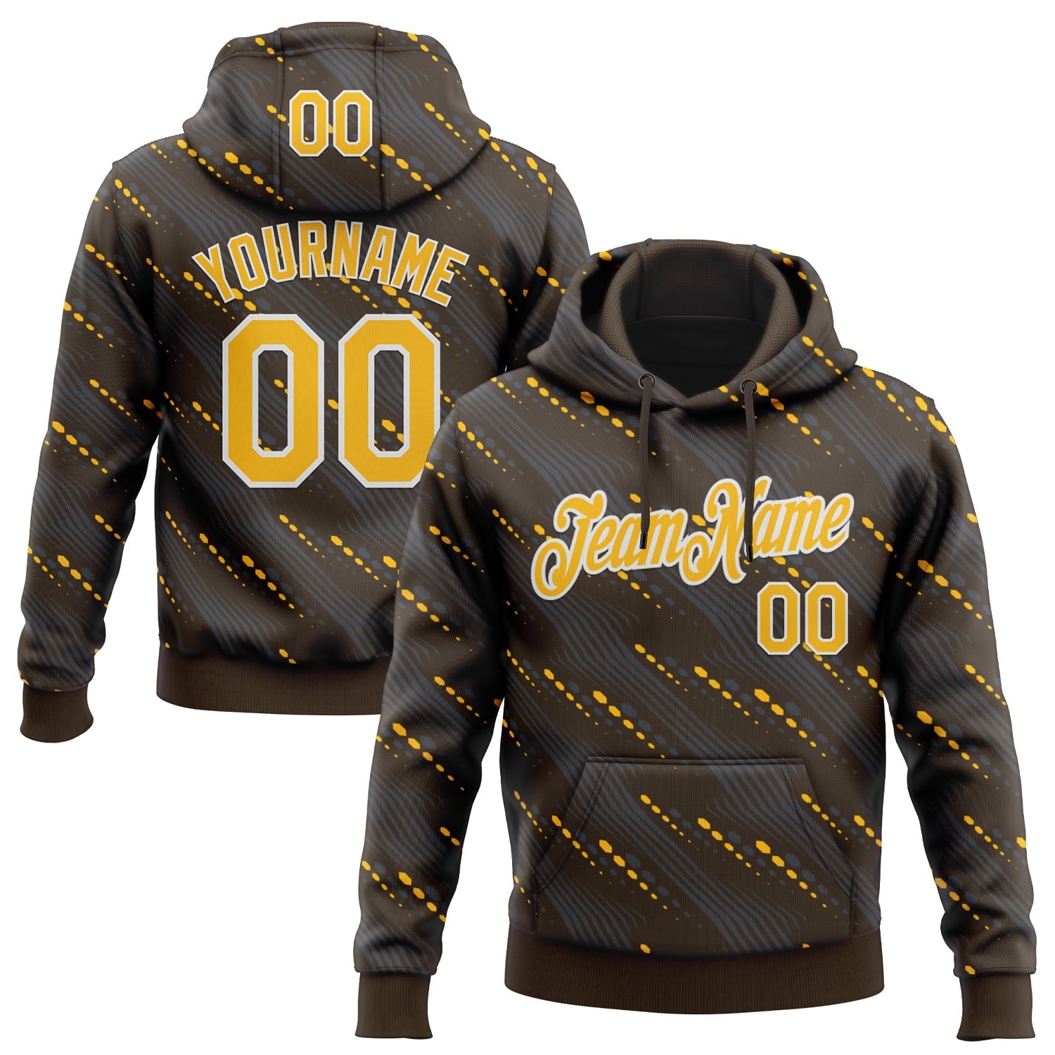 Custom Stitched Brown Gold-White 3D Pattern Design Slant Lines Sports Pullover Sweatshirt Hoodie