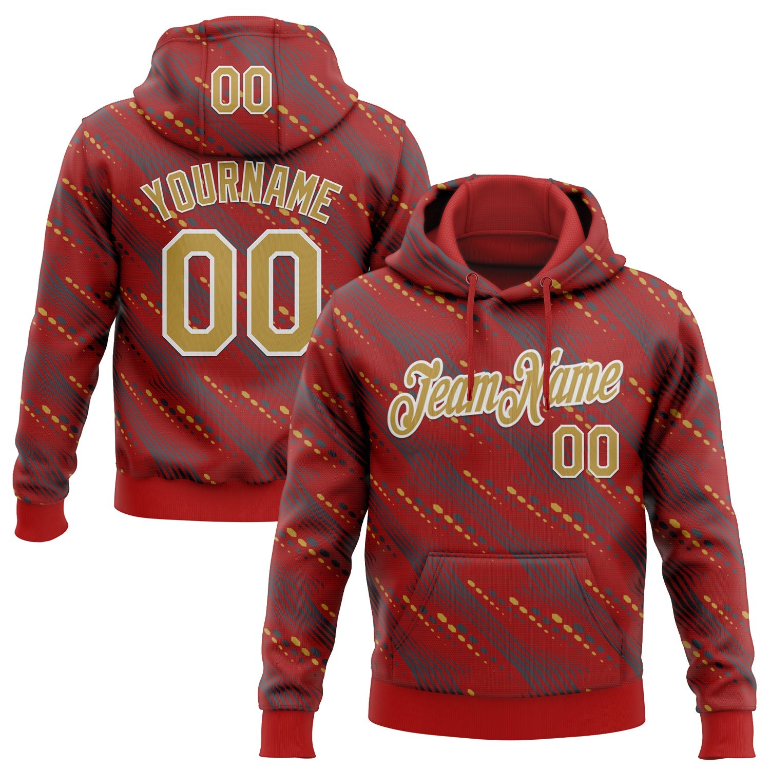 Custom Stitched Red Old Gold-White 3D Pattern Design Slant Lines Sports Pullover Sweatshirt Hoodie