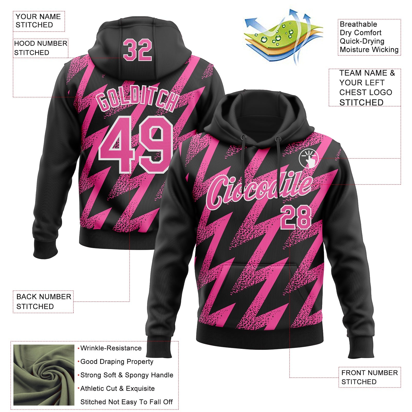 Custom Stitched Black Pink-White 3D Pattern Design Zigzag Shape Sports Pullover Sweatshirt Hoodie