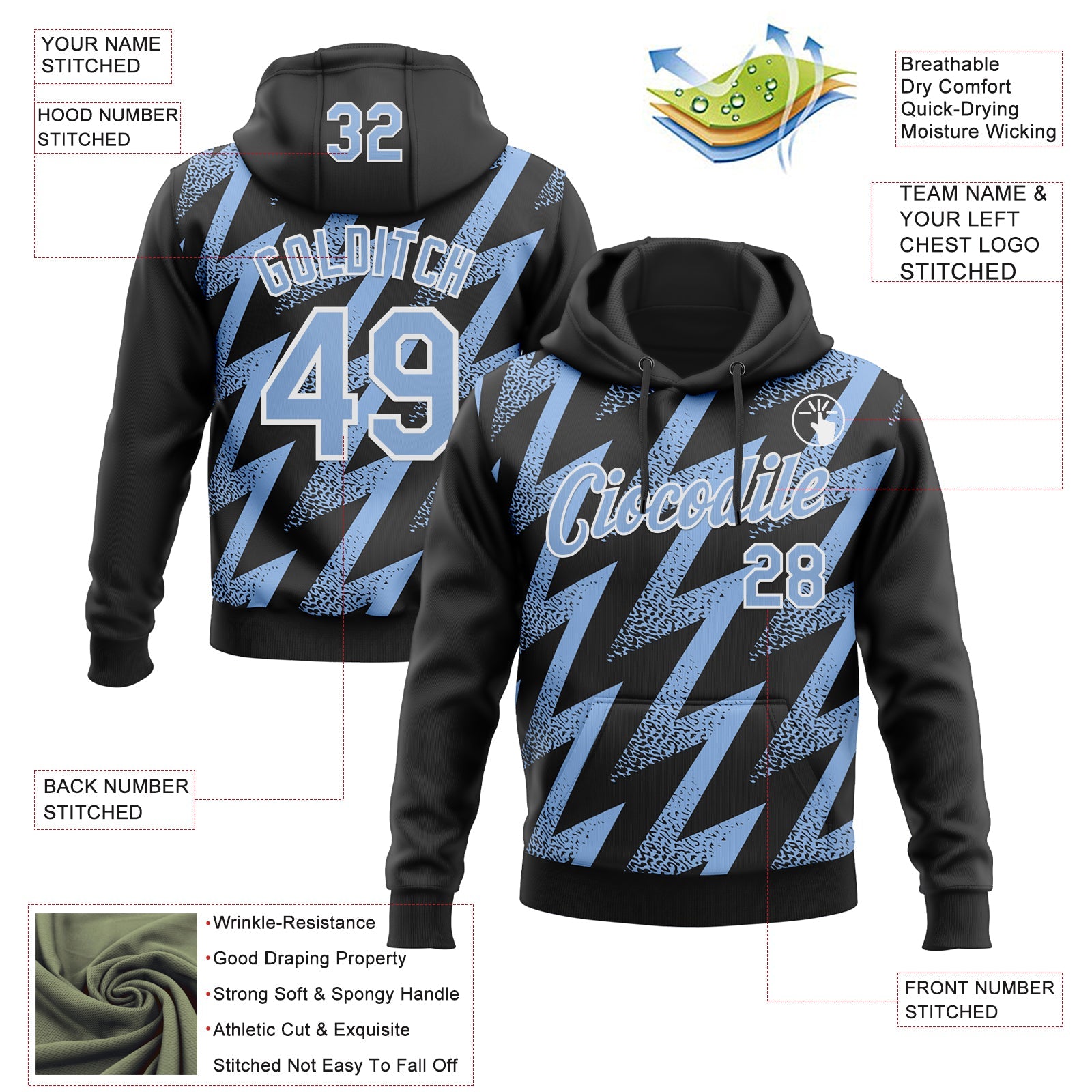 Custom Stitched Black Light Blue-White 3D Pattern Design Zigzag Shape Sports Pullover Sweatshirt Hoodie