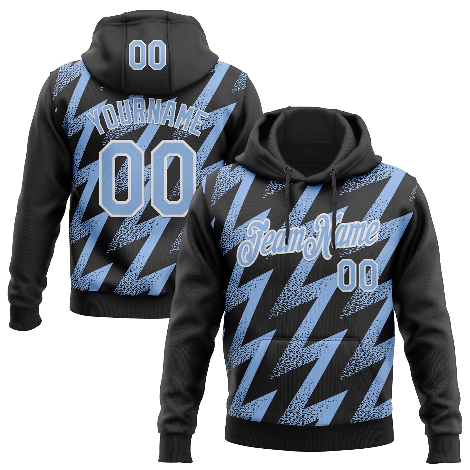 Custom Stitched Black Light Blue-White 3D Pattern Design Zigzag Shape Sports Pullover Sweatshirt Hoodie