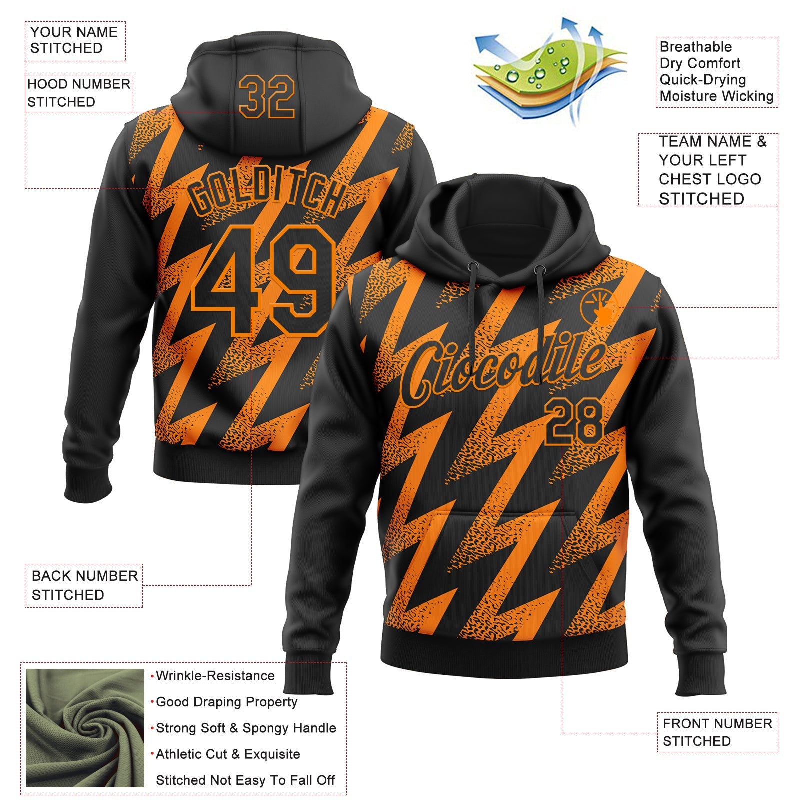 Custom Stitched Black Bay Orange 3D Pattern Design Zigzag Shape Sports Pullover Sweatshirt Hoodie