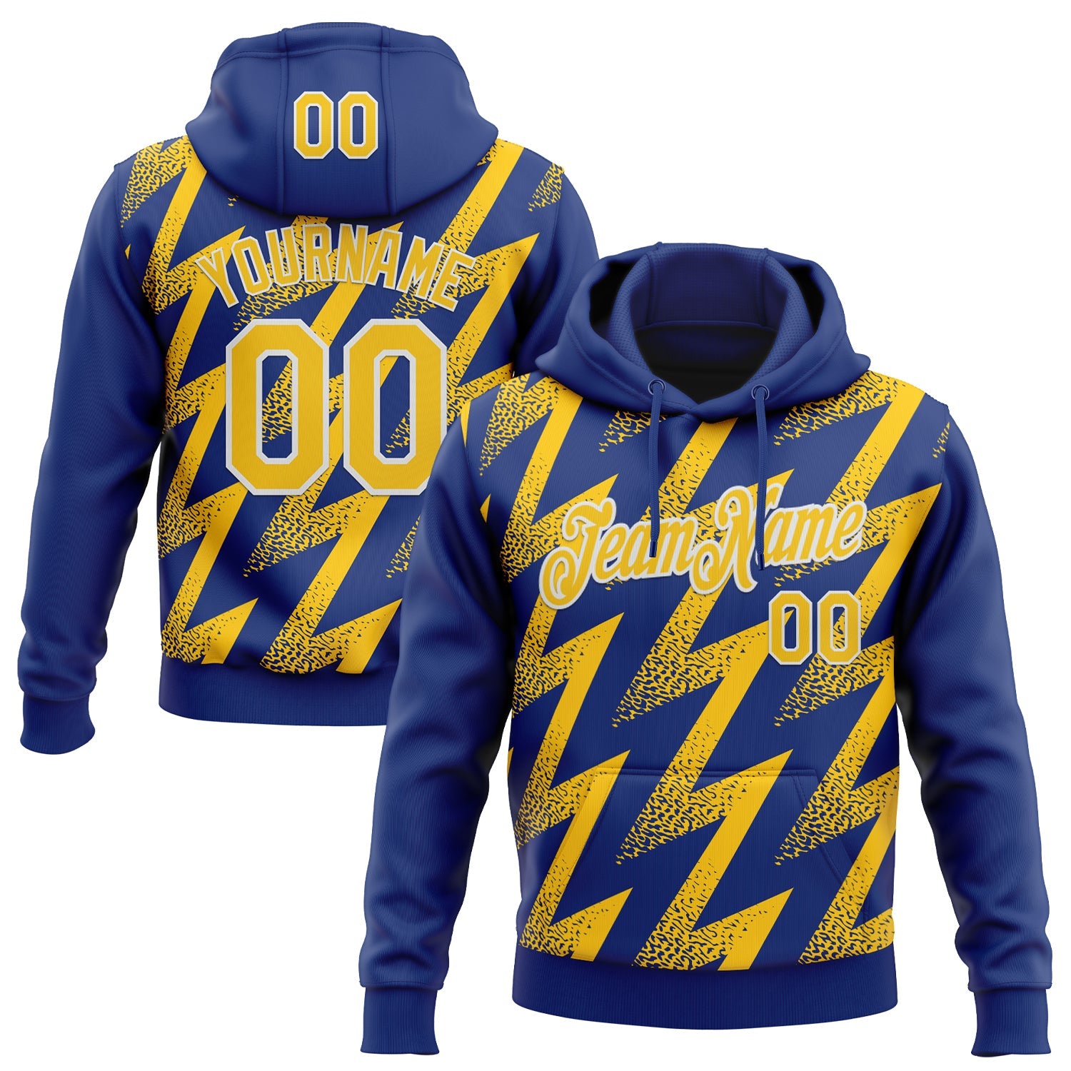 Custom Stitched Royal Yellow-White 3D Pattern Design Zigzag Shape Sports Pullover Sweatshirt Hoodie