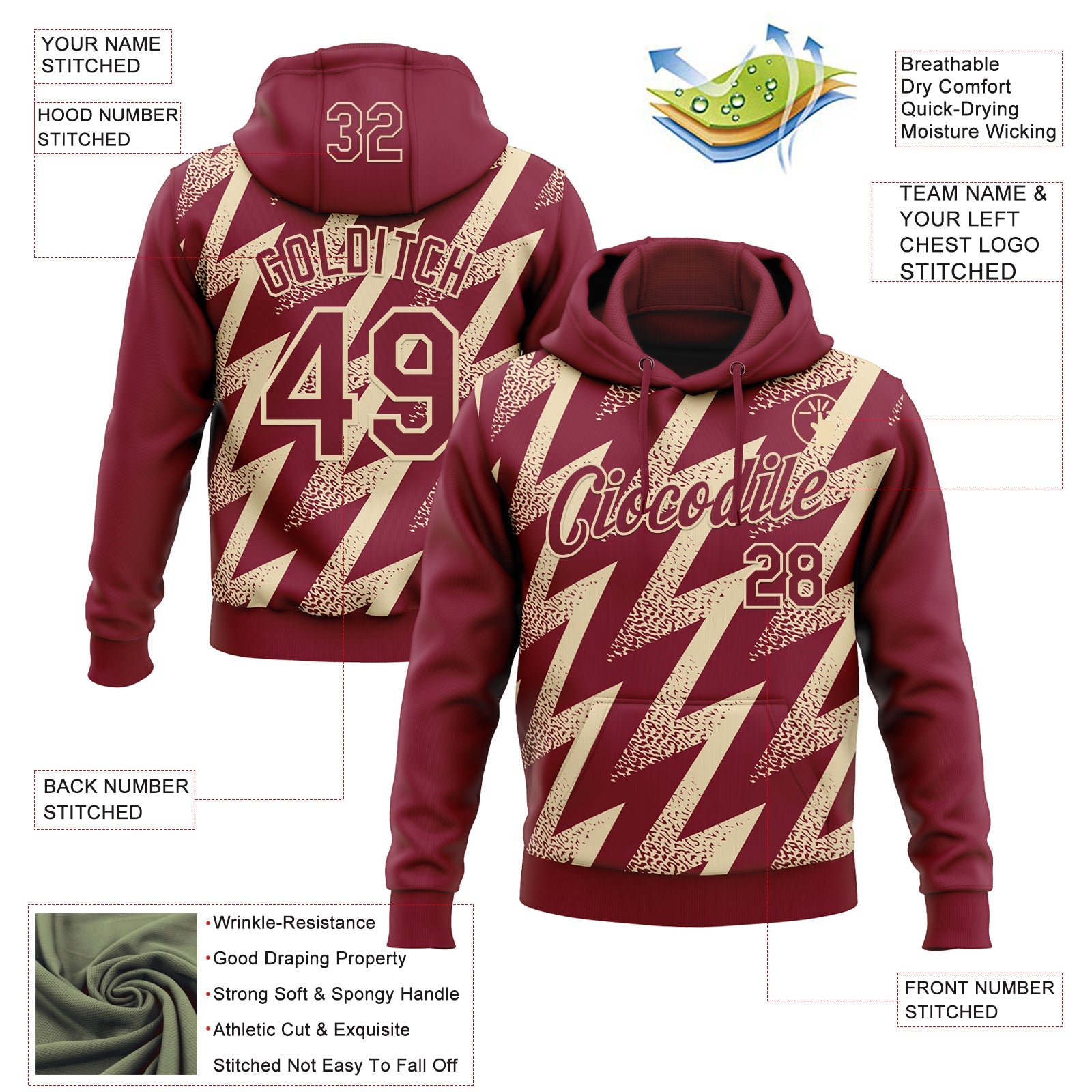 Custom Stitched Crimson Cream 3D Pattern Design Zigzag Shape Sports Pullover Sweatshirt Hoodie