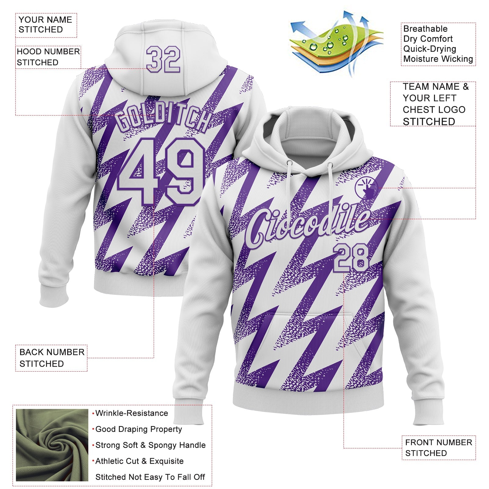 Custom Stitched White Purple 3D Pattern Design Zigzag Shape Sports Pullover Sweatshirt Hoodie
