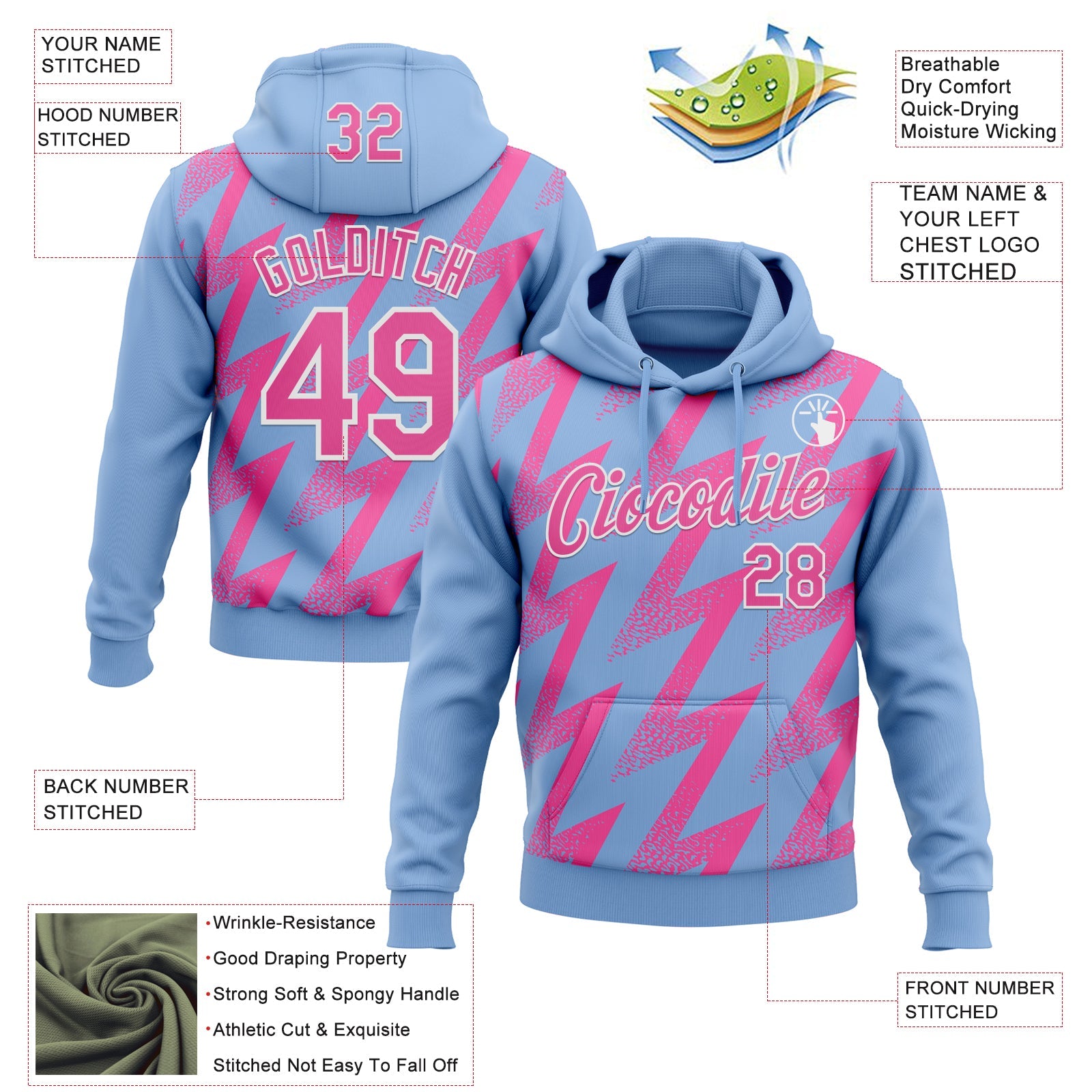 Custom Stitched Light Blue Pink-White 3D Pattern Design Zigzag Shape Sports Pullover Sweatshirt Hoodie