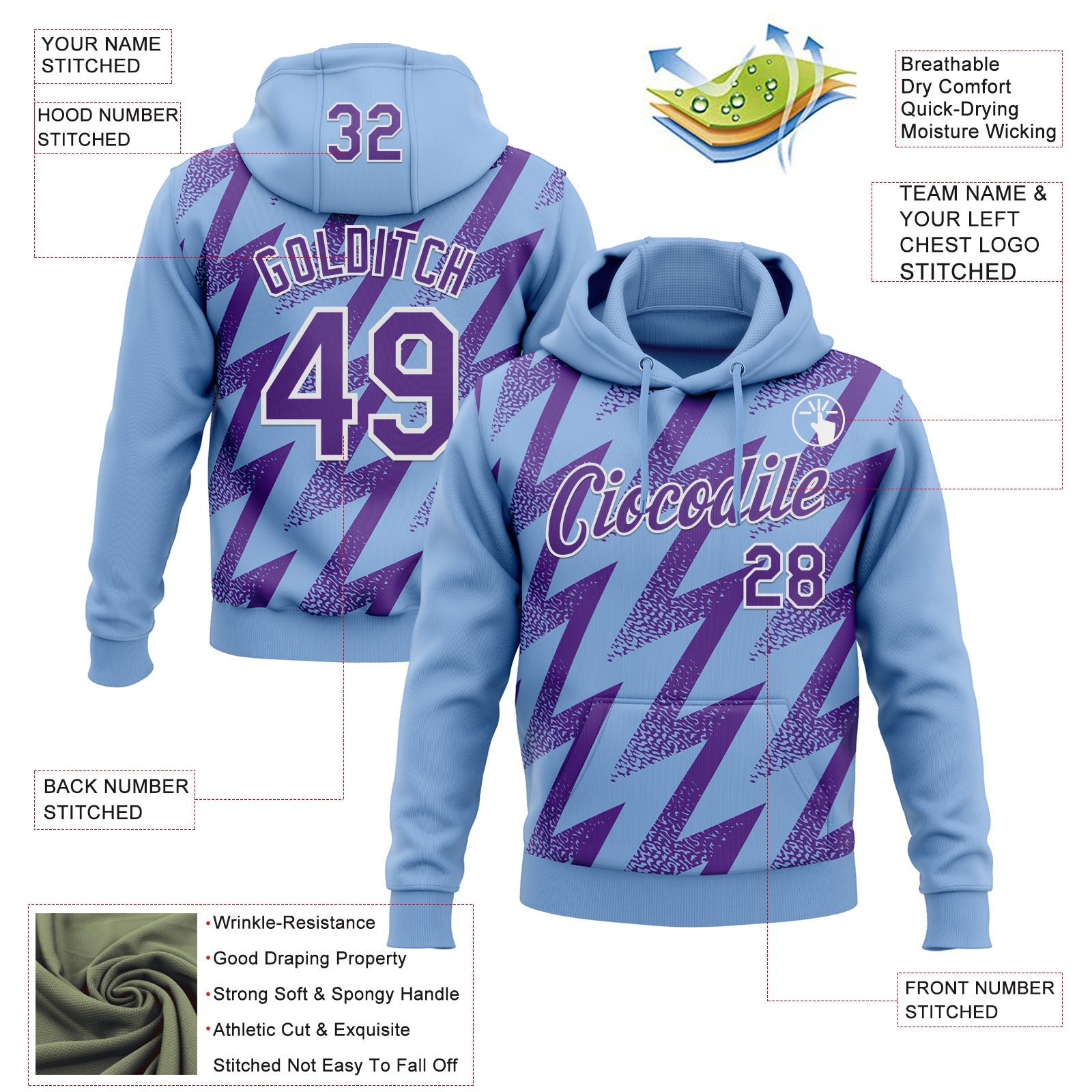 Custom Stitched Light Blue Purple-White 3D Pattern Design Zigzag Shape Sports Pullover Sweatshirt Hoodie
