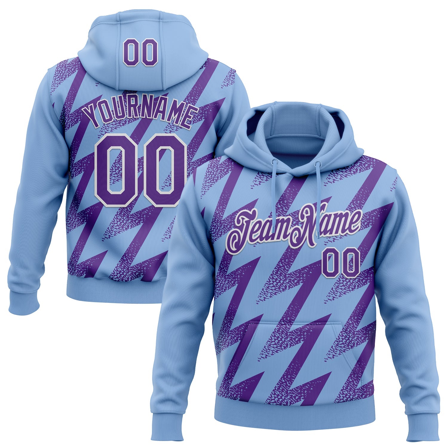 Custom Stitched Light Blue Purple-White 3D Pattern Design Zigzag Shape Sports Pullover Sweatshirt Hoodie