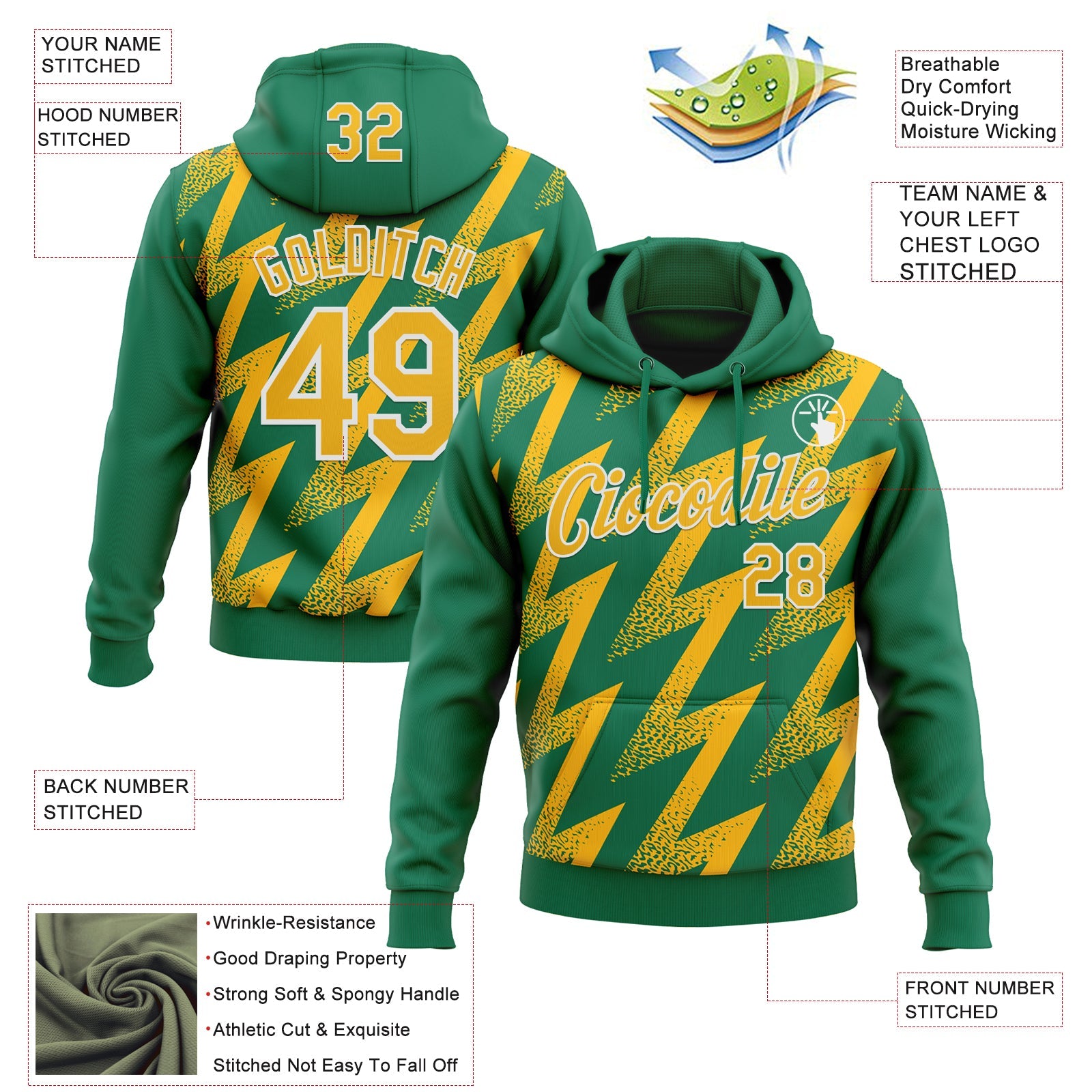 Custom Stitched Kelly Green Gold-White 3D Pattern Design Zigzag Shape Sports Pullover Sweatshirt Hoodie