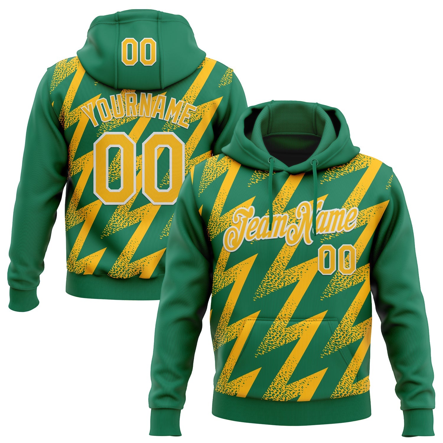 Custom Stitched Kelly Green Gold-White 3D Pattern Design Zigzag Shape Sports Pullover Sweatshirt Hoodie