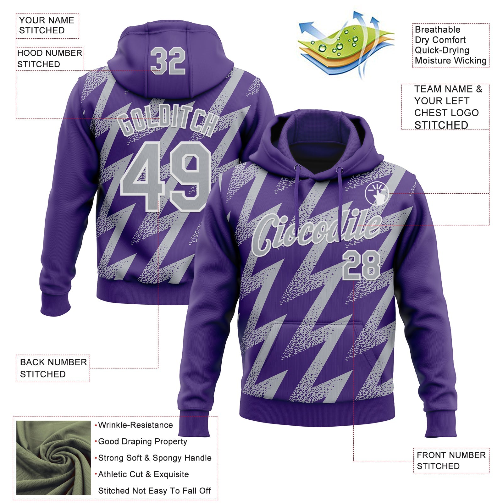 Custom Stitched Purple Gray-White 3D Pattern Design Zigzag Shape Sports Pullover Sweatshirt Hoodie