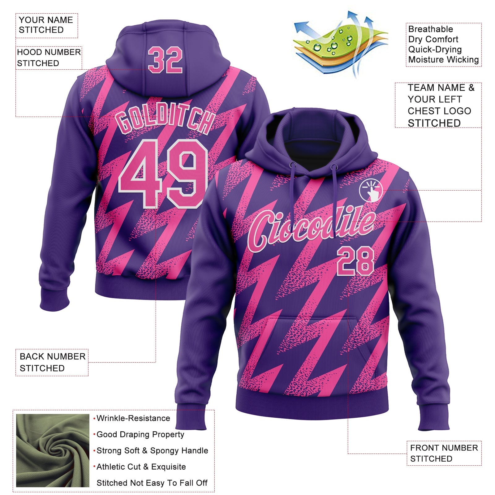 Custom Stitched Purple Pink-White 3D Pattern Design Zigzag Shape Sports Pullover Sweatshirt Hoodie