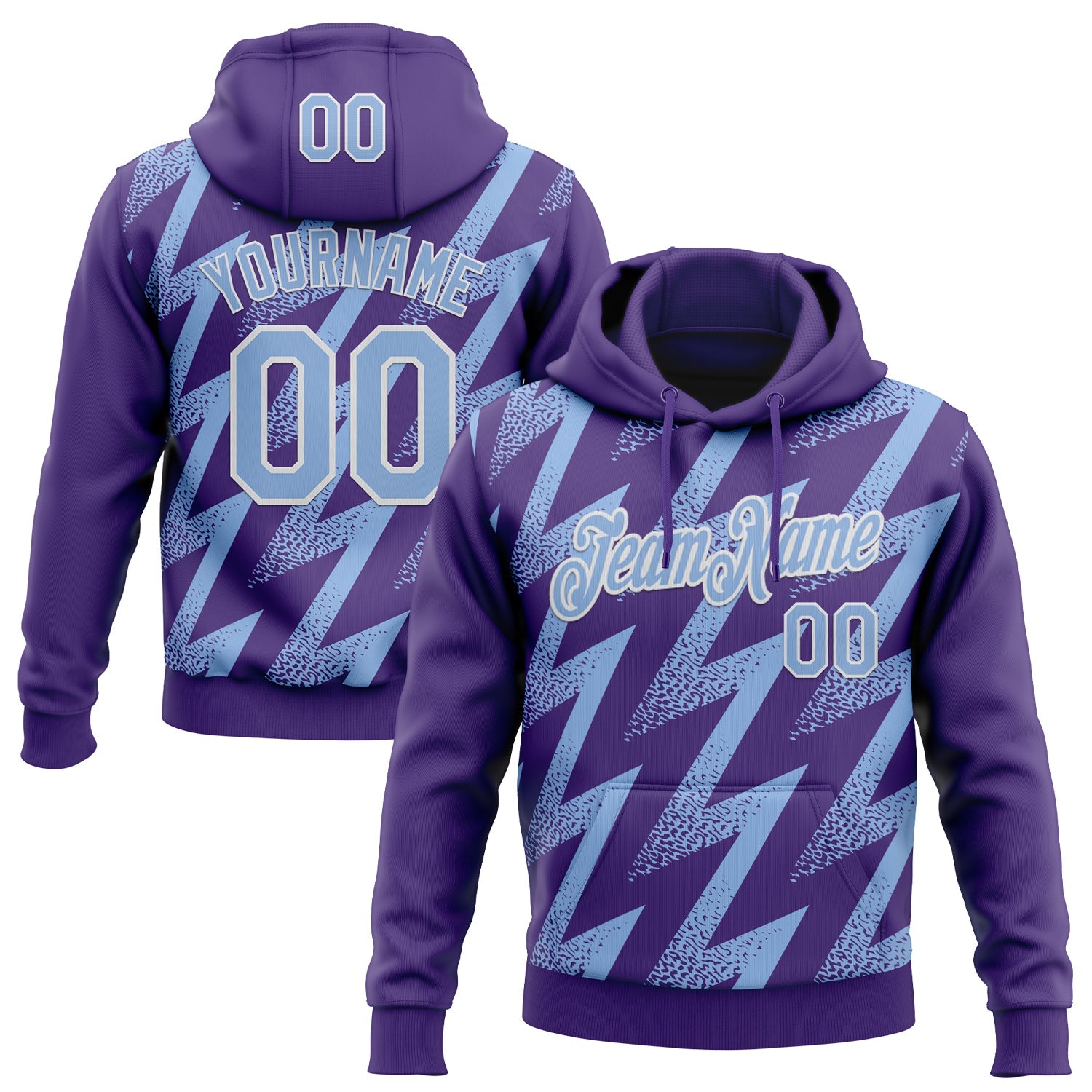 Custom Stitched Purple Light Blue-White 3D Pattern Design Zigzag Shape Sports Pullover Sweatshirt Hoodie