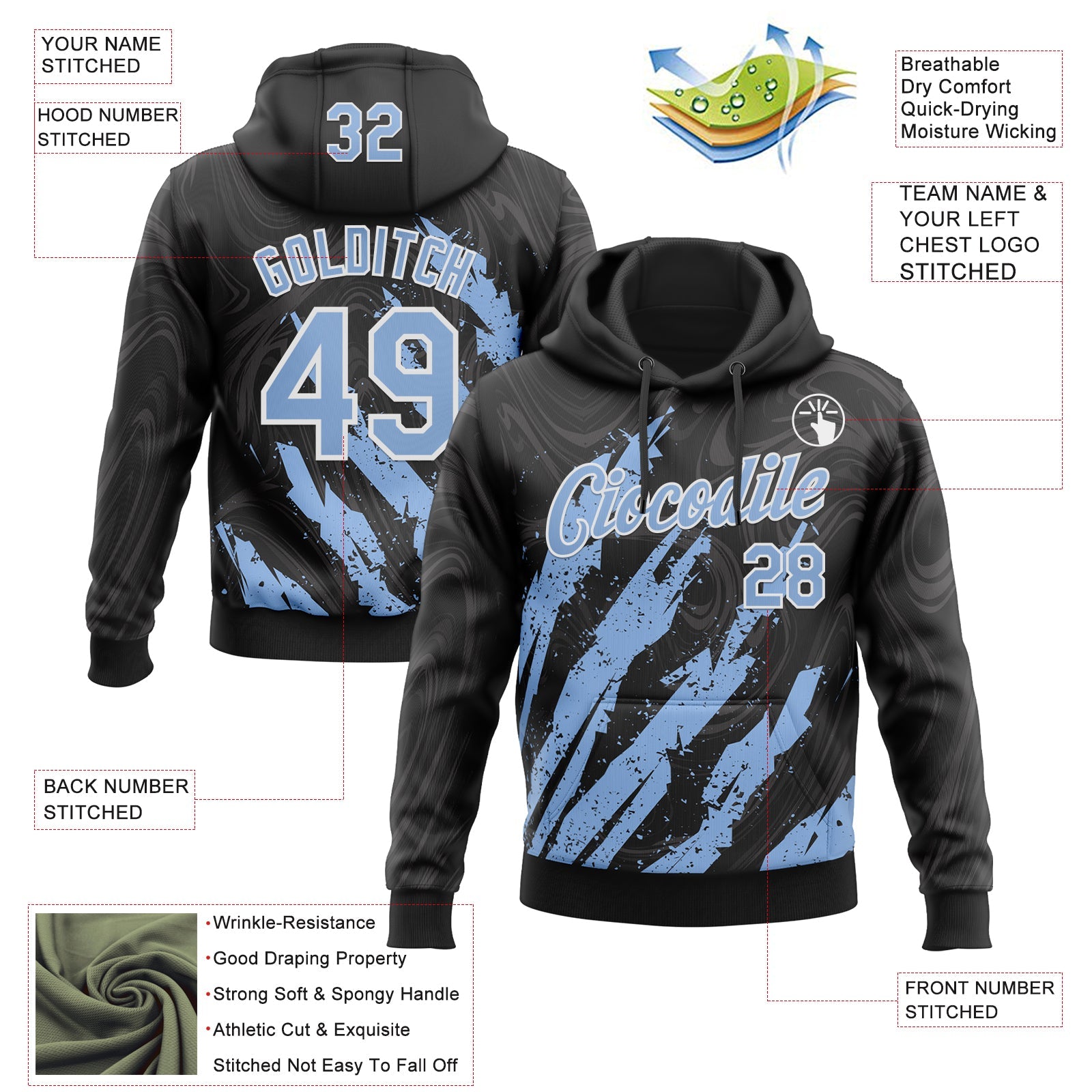 Custom Stitched Black Light Blue-White 3D Pattern Design Splash Sports Pullover Sweatshirt Hoodie