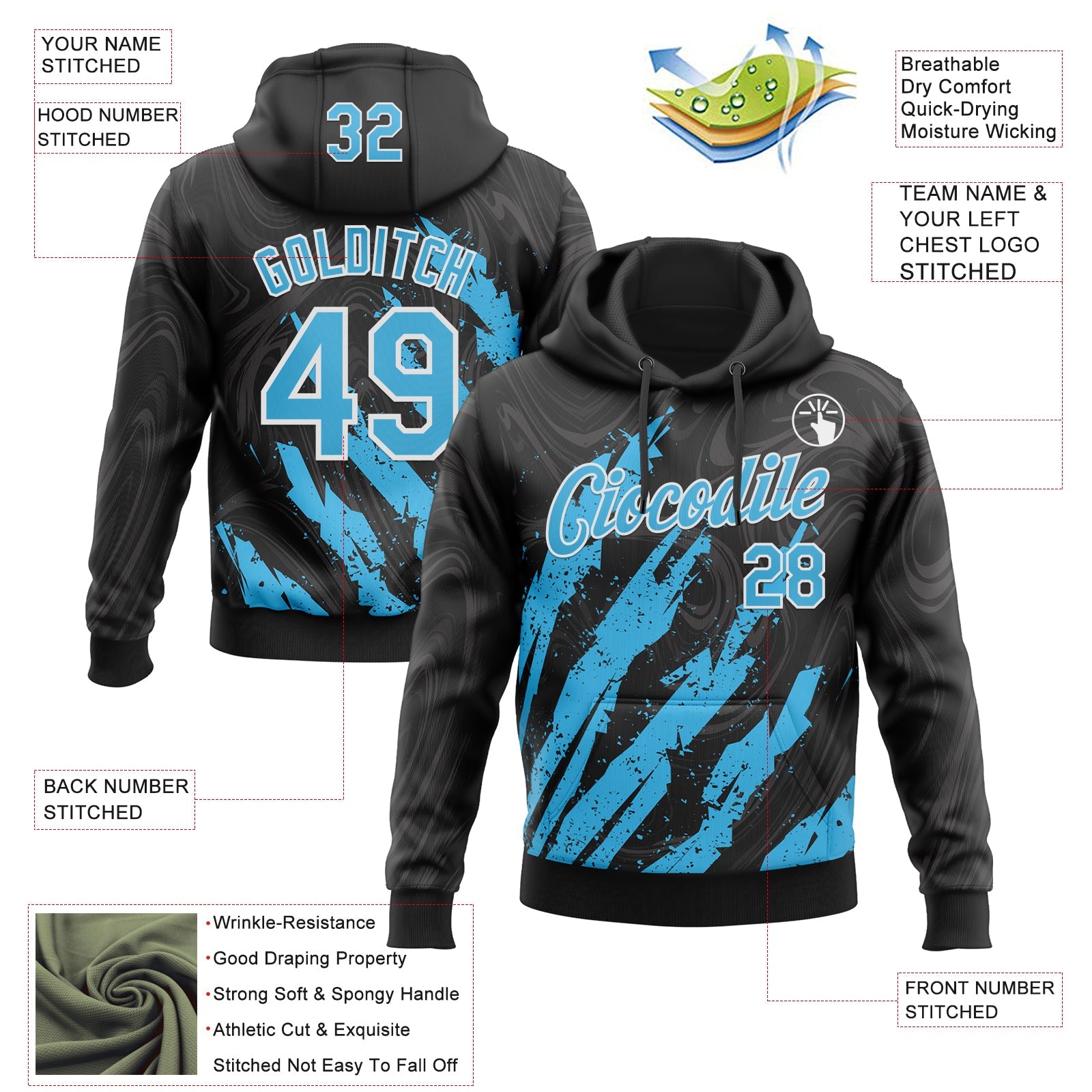 Custom Stitched Black Sky Blue-White 3D Pattern Design Splash Sports Pullover Sweatshirt Hoodie
