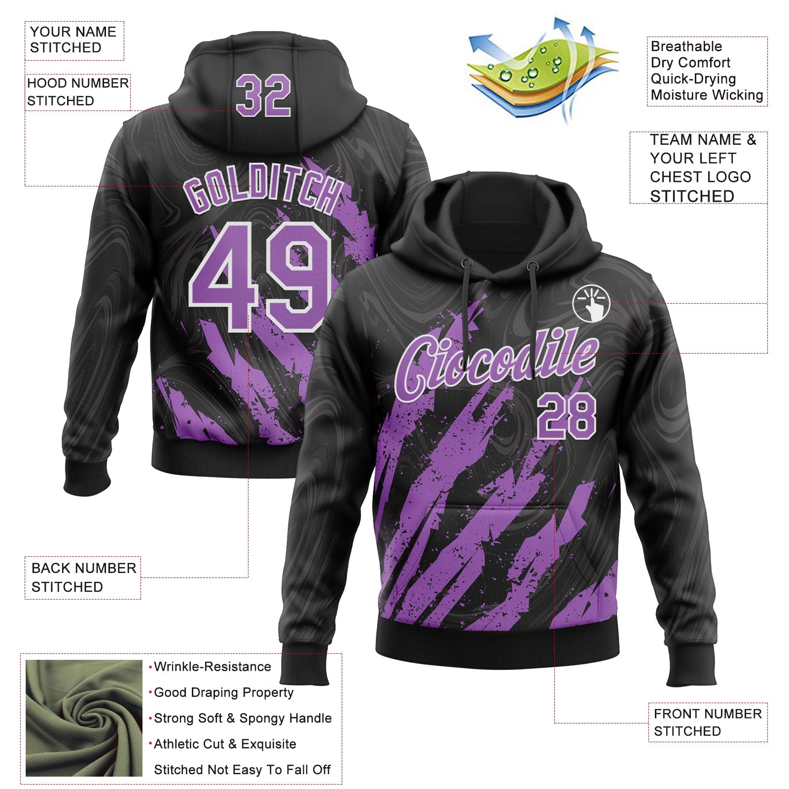 Custom Stitched Black Medium Purple-White 3D Pattern Design Splash Sports Pullover Sweatshirt Hoodie