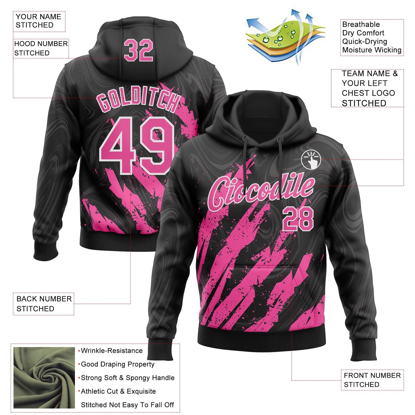 Custom Stitched Black Pink-White 3D Pattern Design Splash Sports Pullover Sweatshirt Hoodie