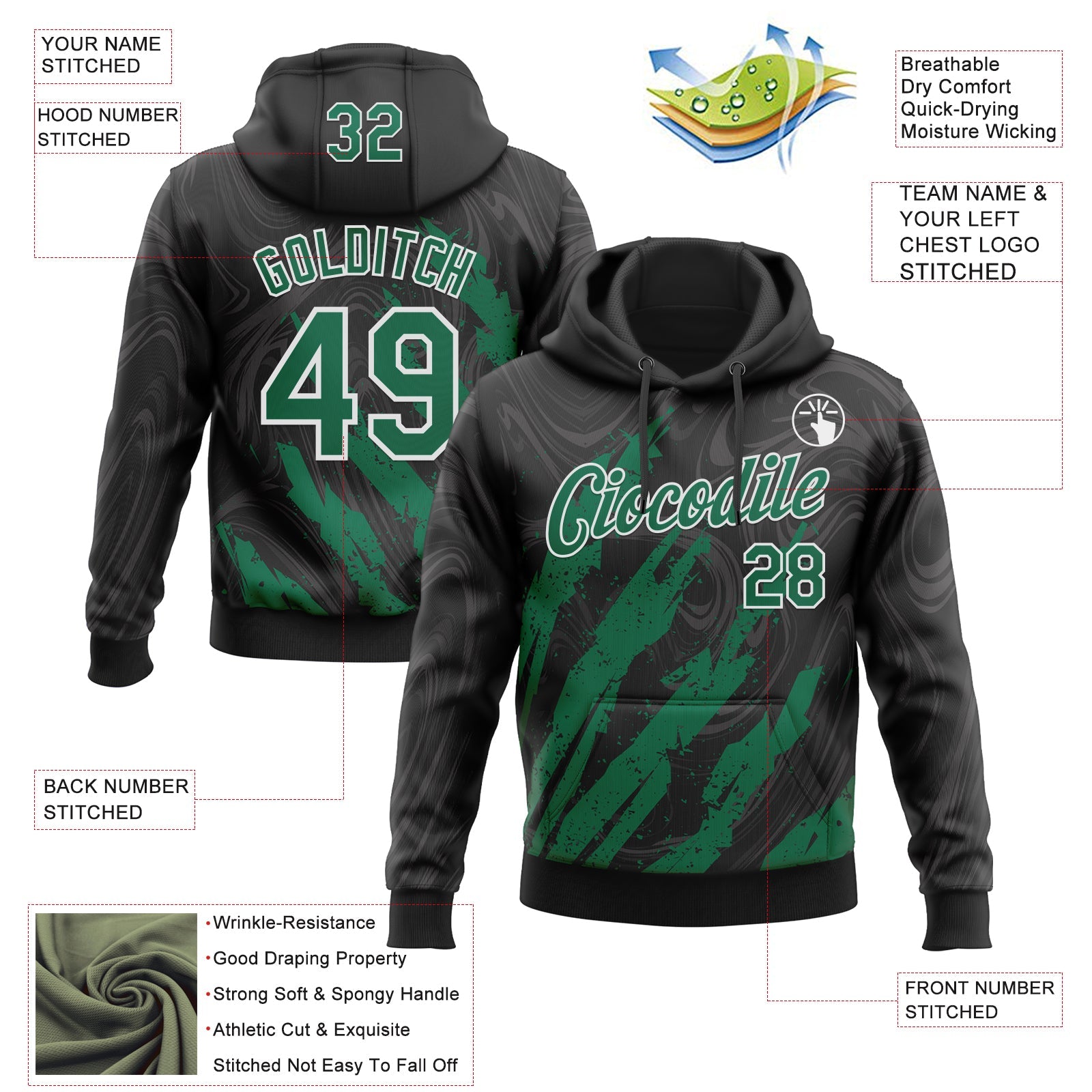 Custom Stitched Black Kelly Green-White 3D Pattern Design Splash Sports Pullover Sweatshirt Hoodie
