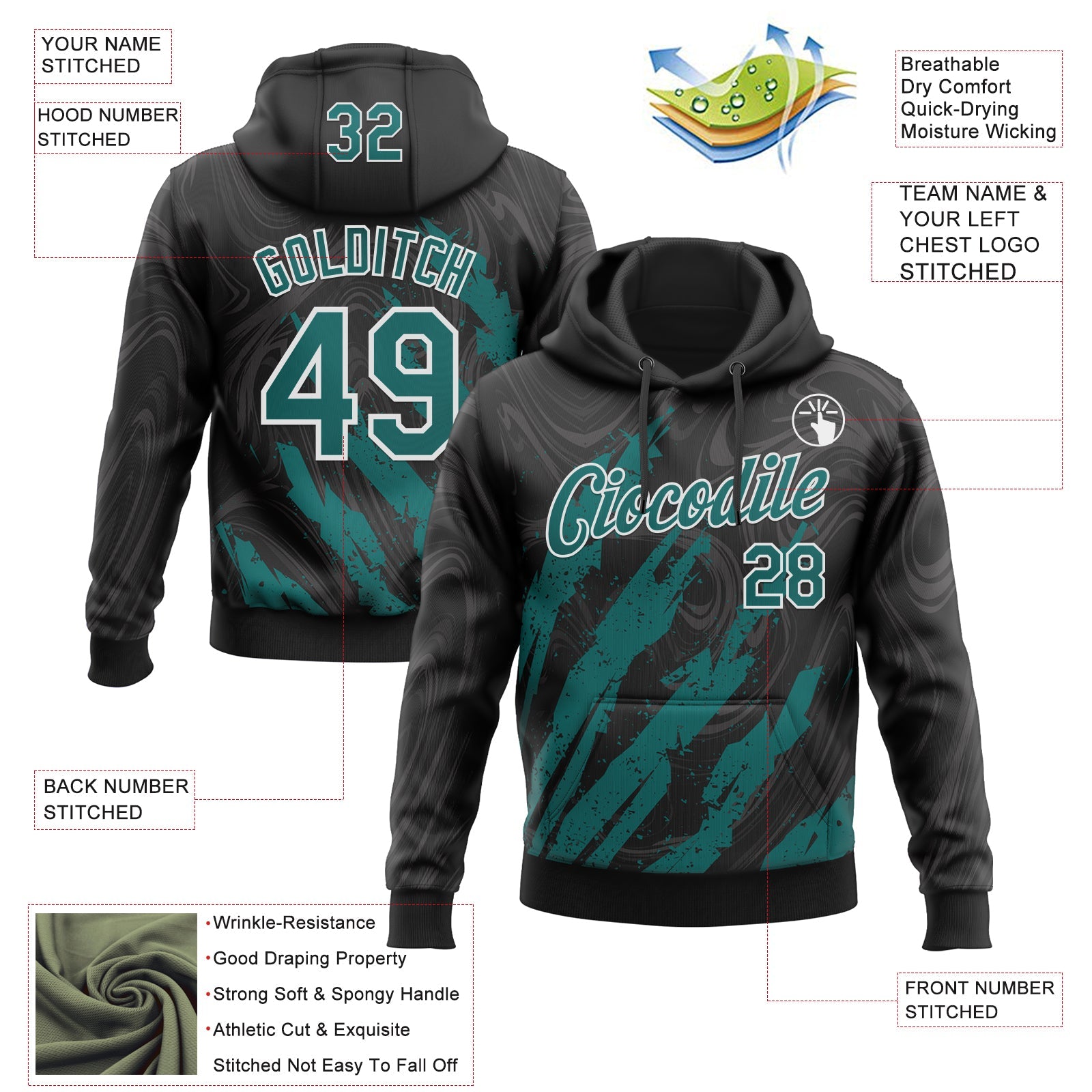 Custom Stitched Black Teal-White 3D Pattern Design Splash Sports Pullover Sweatshirt Hoodie
