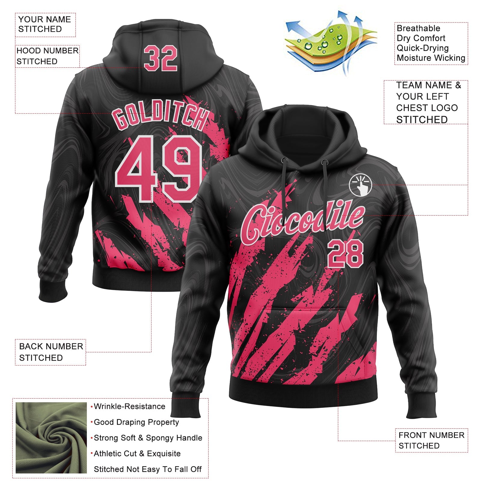 Custom Stitched Black Neon Pink-White 3D Pattern Design Splash Sports Pullover Sweatshirt Hoodie