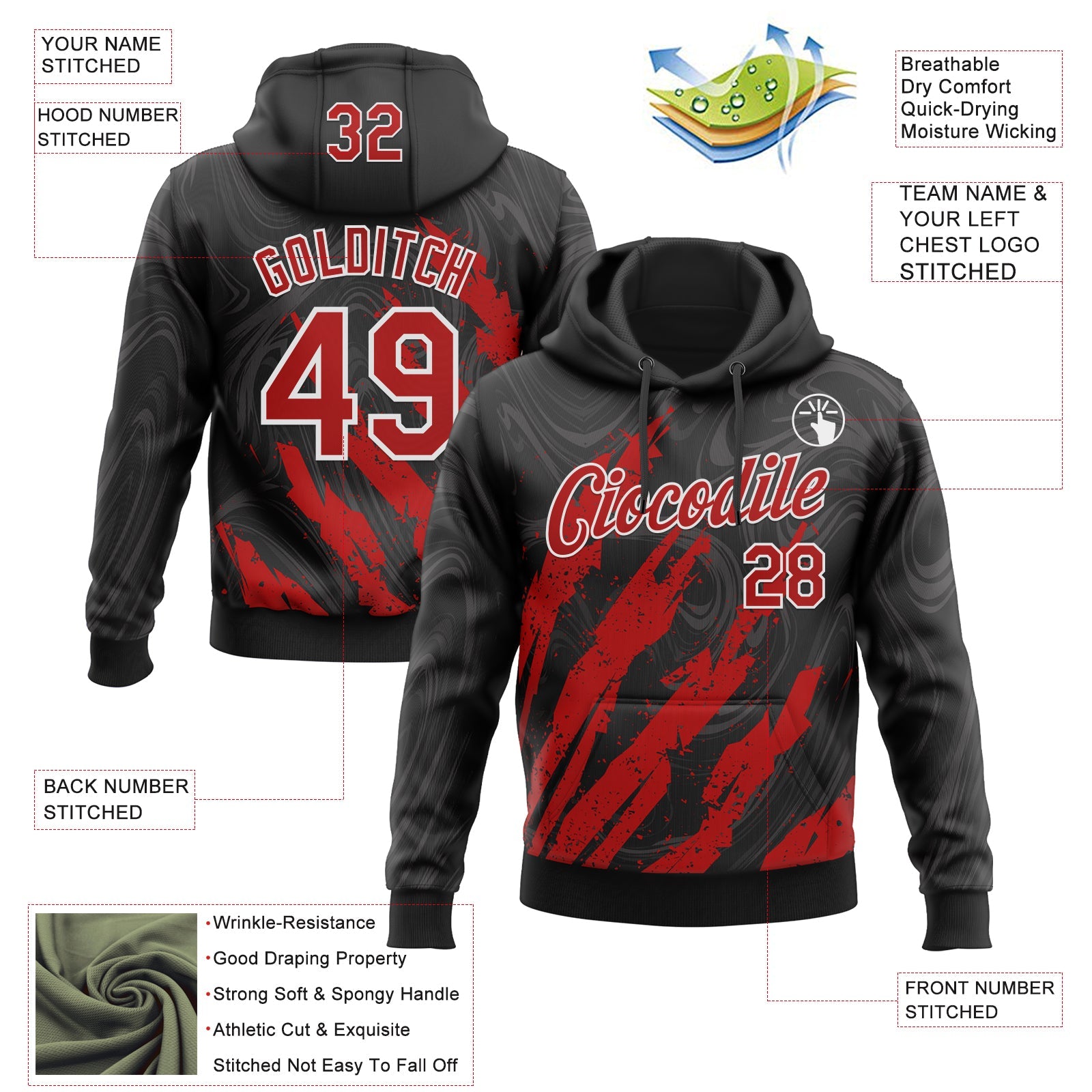 Custom Stitched Black Red-White 3D Pattern Design Splash Sports Pullover Sweatshirt Hoodie