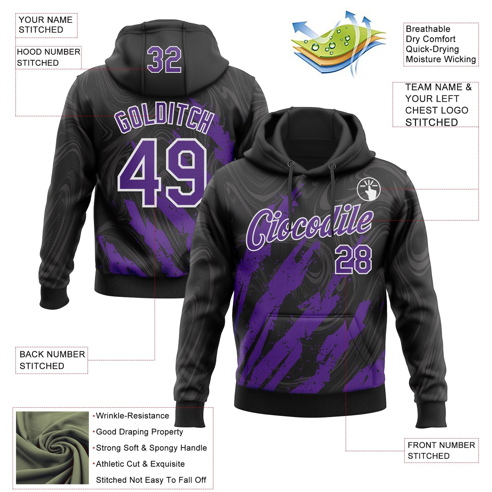 Custom Stitched Black Purple-White 3D Pattern Design Splash Sports Pullover Sweatshirt Hoodie
