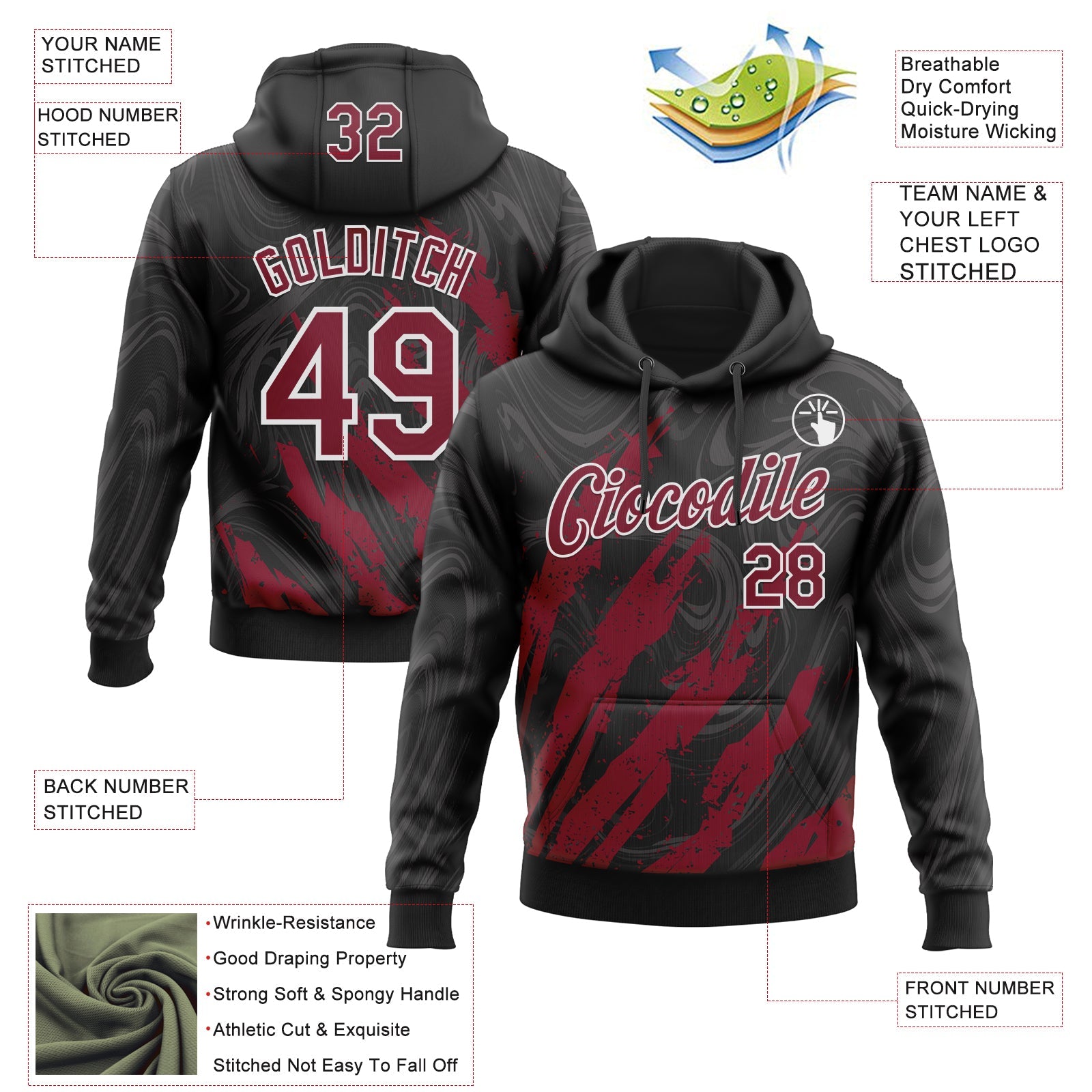 Custom Stitched Black Crimson-White 3D Pattern Design Splash Sports Pullover Sweatshirt Hoodie