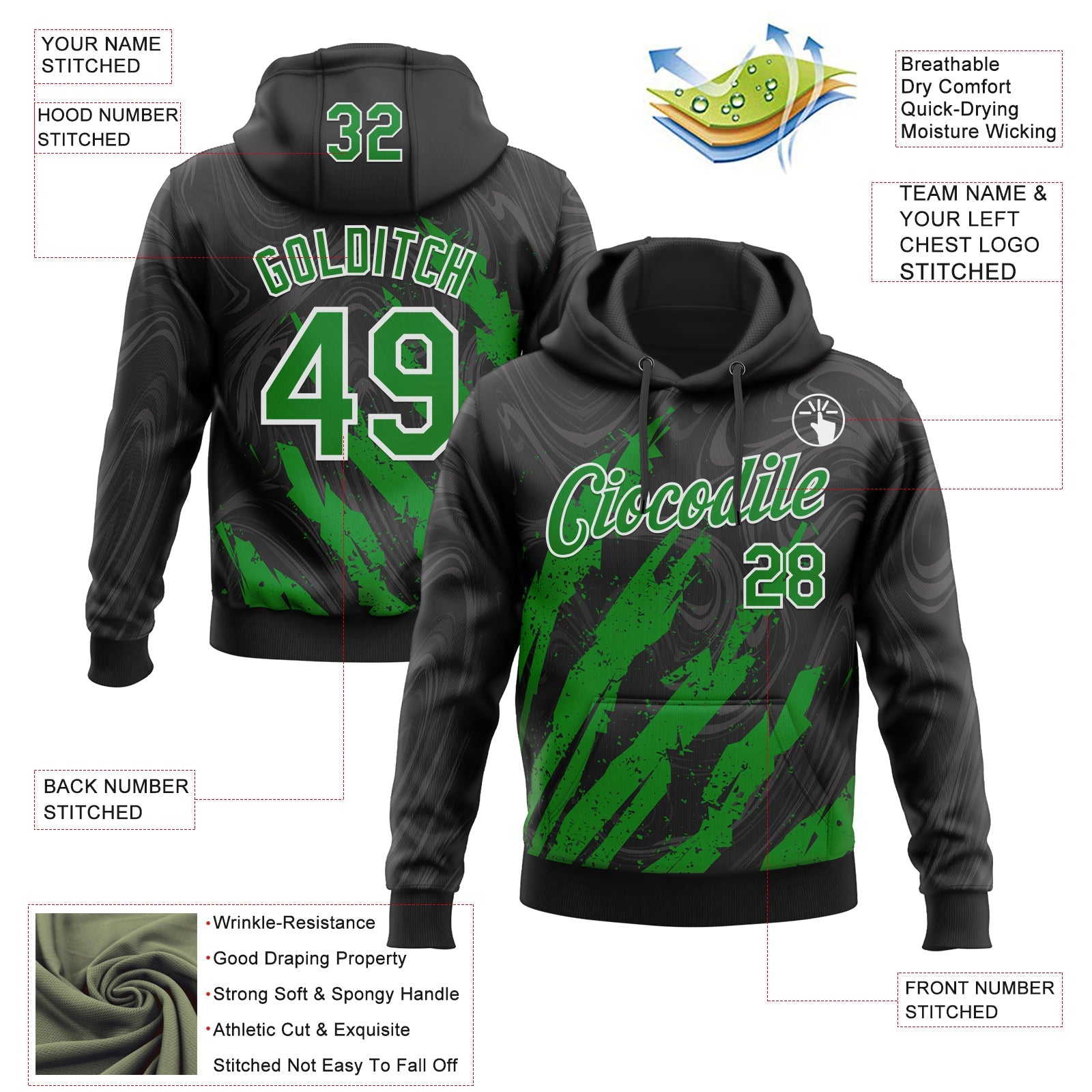 Custom Stitched Black Grass Green-White 3D Pattern Design Splash Sports Pullover Sweatshirt Hoodie
